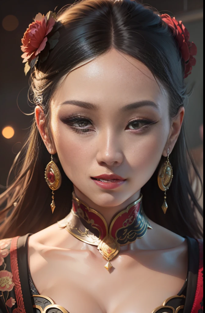portrait of a beautiful Asian woman, with gorgeous makeup, glossy, 4k, 3D, vibrant color, intricate, elegant, highly detailed, digital painting, smooth, sharp focus, illustration art in the Andrew Gonzalez style