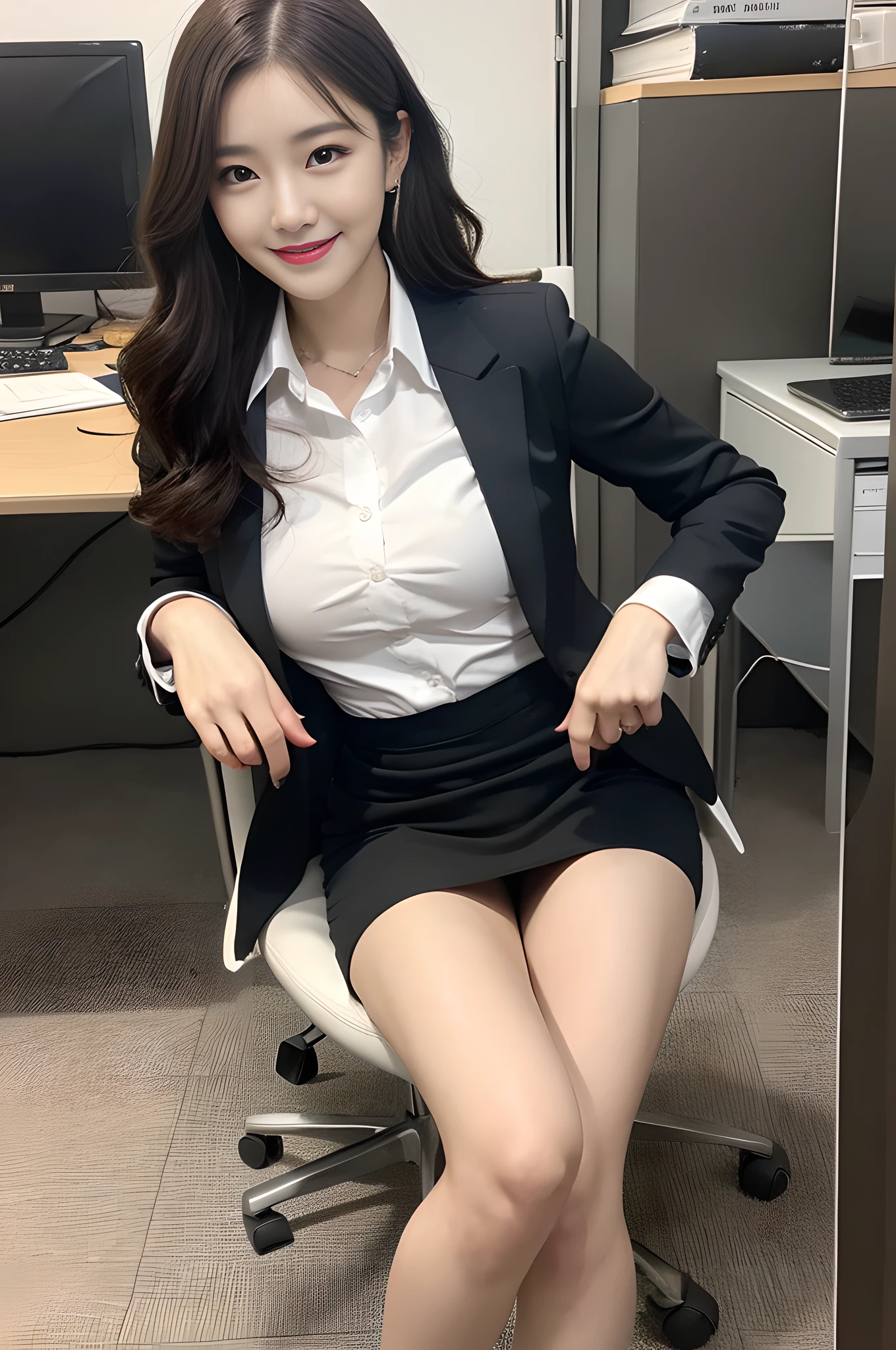 best quality:1.5, ultra high-resolution:1.5, photo-realistic:1.5, ultra detailed:1.5, RAW photo:1.5, 8k resolution, HDR, hyper realistic, lifelike texture, perfect face, perfect body, Beautiful fingers, perfect hands, nice hands, Beautiful foots, Beautiful legs, Beautiful thighs, Beautiful tiptoes, detailed skin, solo, 1girl, 25 years old, Raise a smile, Looking at viewer:2, Full body, Various hairstyle, Dramatic angle, Indoor, In the Office, Tight skirt business suit, Sitting office chair