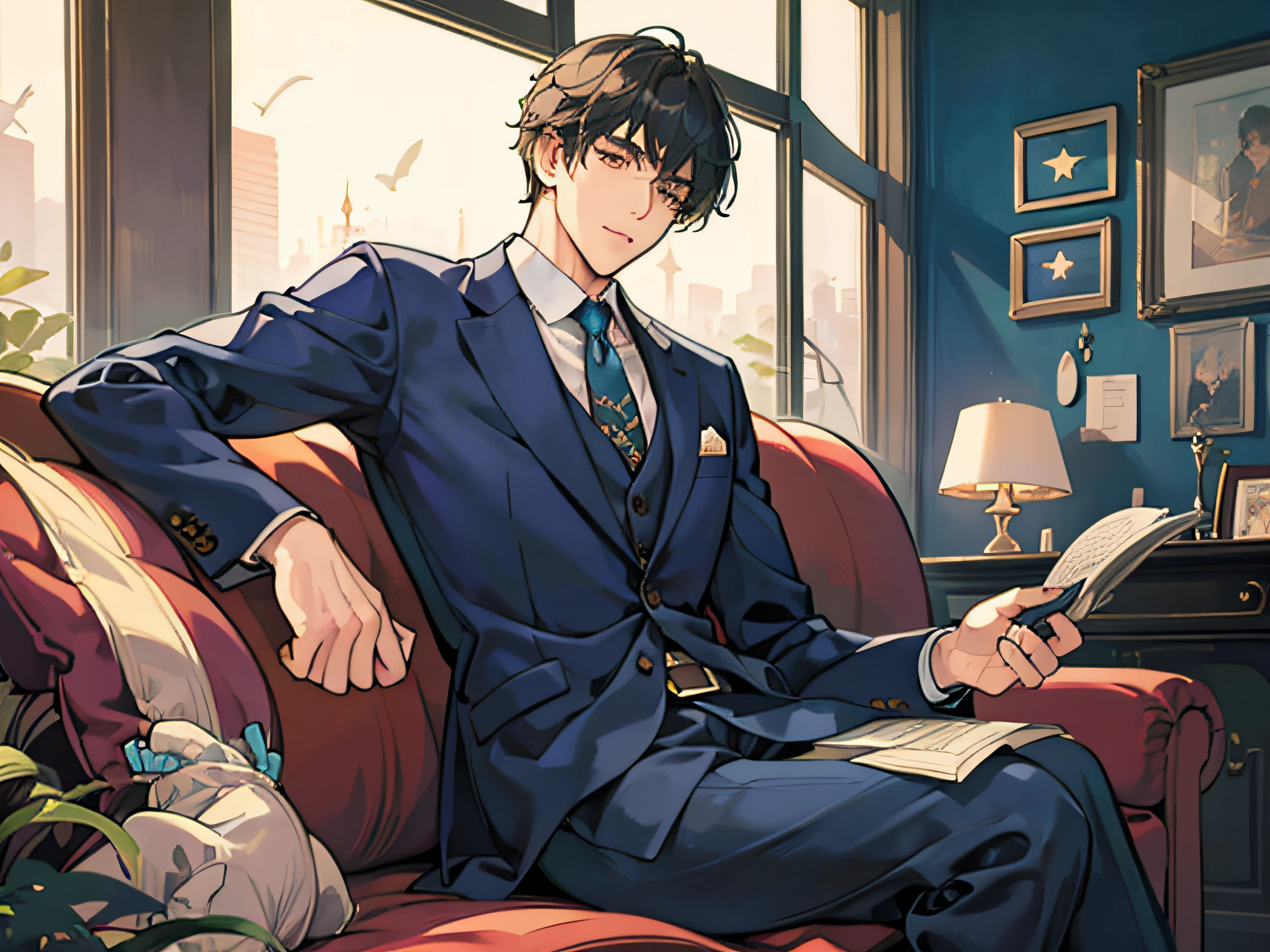 A man, delicate face, in a suit, urban handsome, star, at home, desk, sofa