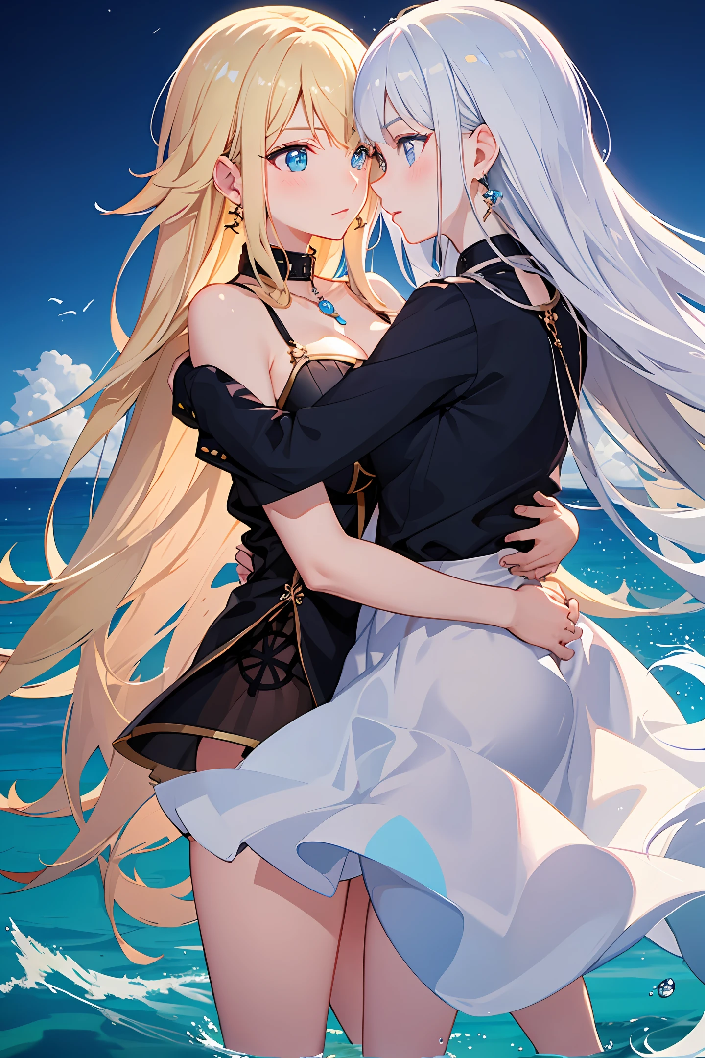 masterpiece,best quality,official art,extremely detailed CG unity 8k wallpaper,in summer,night,over the sea,sky,sea,artbook,wallpaper,huge_filesize,colorful,mature,(((2girls))),yuri,long hair,hair down,blonde hair,white hair,crossed bangs,aqua eyes,beautiful detailed eyes,tsurime,embarrassed,blush,blue eyes,orange eyes,sparkling eyes,eyeshadow,breasts,small breasts,medium breasts,earrings,necklace,collar,jewelry,arms behind back,((hug)),eye_contact,bent_over,hand on another's hip