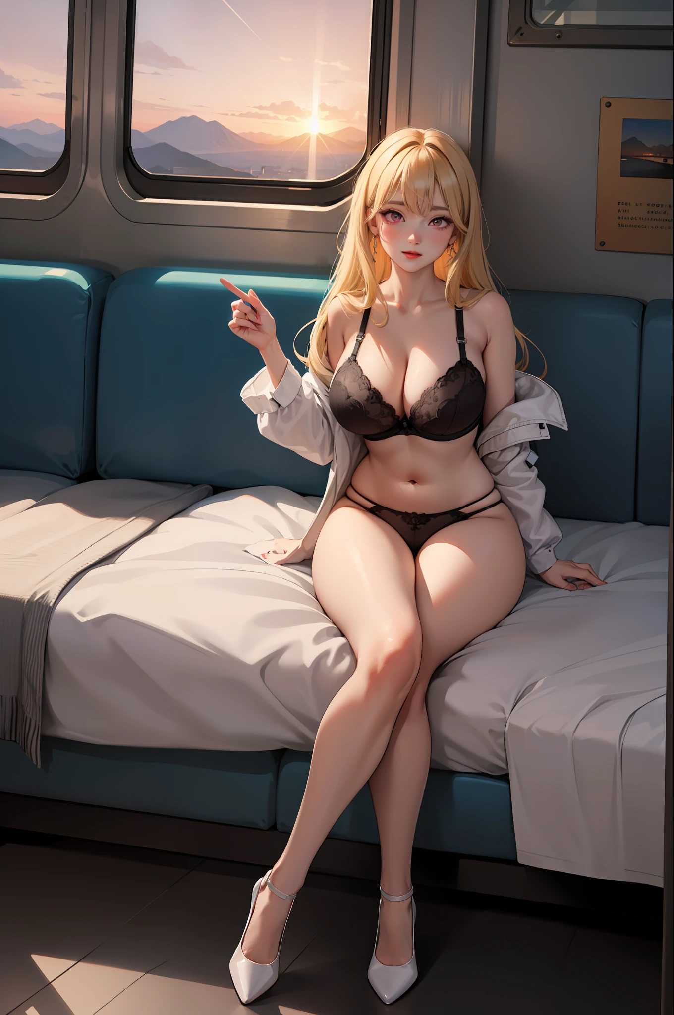 masterpiece, high quality, 1girl, gyaru, blonde hair, pink eyes, hips, transparent bra, floral panties, high heels, curvy body, big legs, big buttocks, big breasts, in a train compartment, exquisite interior, window view, bridge, sea, mountains, sunset, city, neon light, night, bed, sofa, pillows, sconces, flowers
