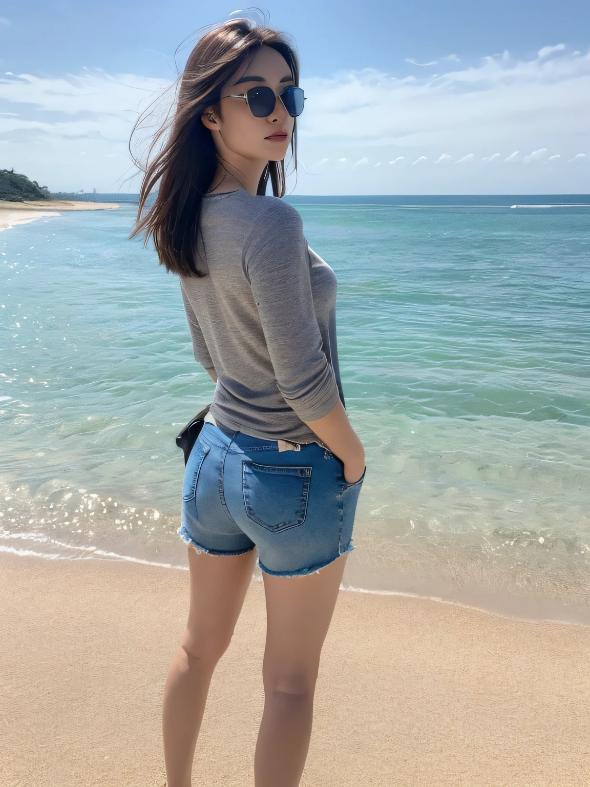 ((Best Quality, 8K, Masterpiece: 1.3)), 1 girl, full body, slim face, pretty woman, (short dark brown hair), casual wear, super detailed face, detailed eyes, back, walking on the beach with sunglasses looking at the sea in the distance, blurred background, slim face, sea, beach,