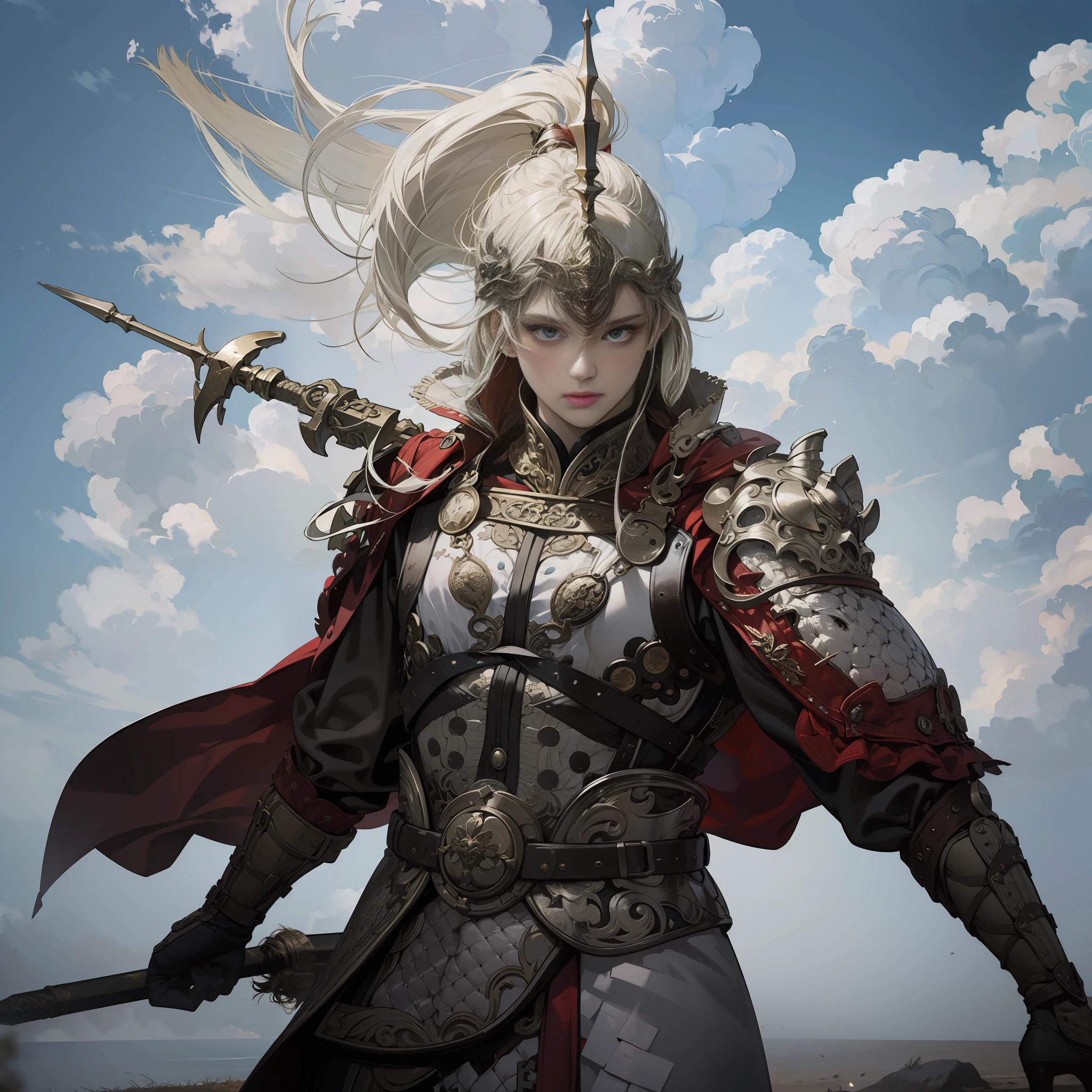 1 Girl, Gray Pupil, Textured Skin, Flowing Clouds, Epic Weapon Spear, and Scene, Floating Hair, Metal Headdress, Surrounding Enemies, Fight Action, Riding a White Horse, Rage, Upper Body, Looking at the Audience, Best Quality, 32k