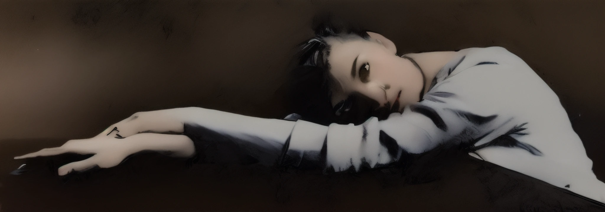 (2 outstretched arms: 1.5), (No fingers on left hand: 1.5), (Masterpiece), (Best quality: 1.0), (Ultra High Resolution: 1.0), Detailed illustration, (Complete nail shape 1.2), natural finger shape, 5 fingers in total including fingers hidden by both hands, 8K, 1 person, Perfect face, Detailed eyes, Black eyes, Glare, Detailed hair, Short black hair, Hair highlights, Very detailed, Anime style, soft light, 8k, highest quality, masterpiece, realistic, super detail, photo, HDR, line photo, high resolution, woman drooping with her hands on a black grand piano, Beverly Kenney, singer Beverly Kenney, jazz singer, cover photo portrait of Beverly Kenney with black hair with short hair sideways, inspired by Faye Danche, Inspired by Shigeru Aoki