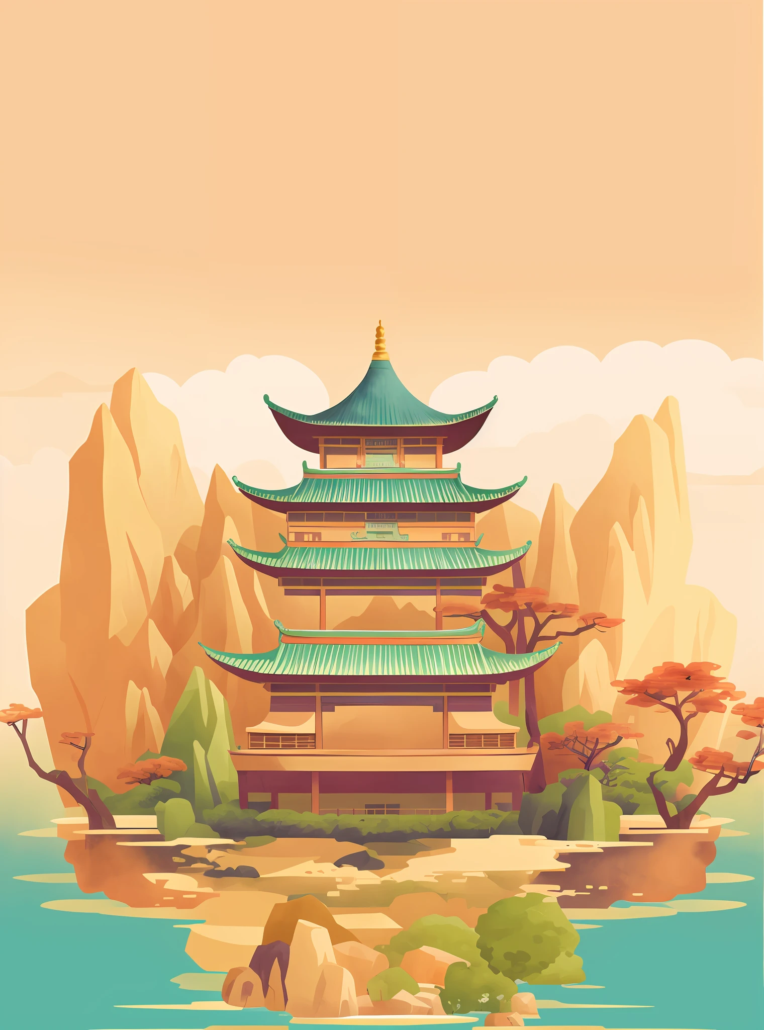 illustration of a pagoda in the middle of a lake surrounded by mountains, digital painting of a pagoda, background depicting a temple, temple background, zen temple background, chinese watercolor style, ancien chinese tower, a beautiful artwork illustration, background artwork, background art, chinese landscape, legend of korra setting, chinese building, serene illustration, chinese palace, pagoda