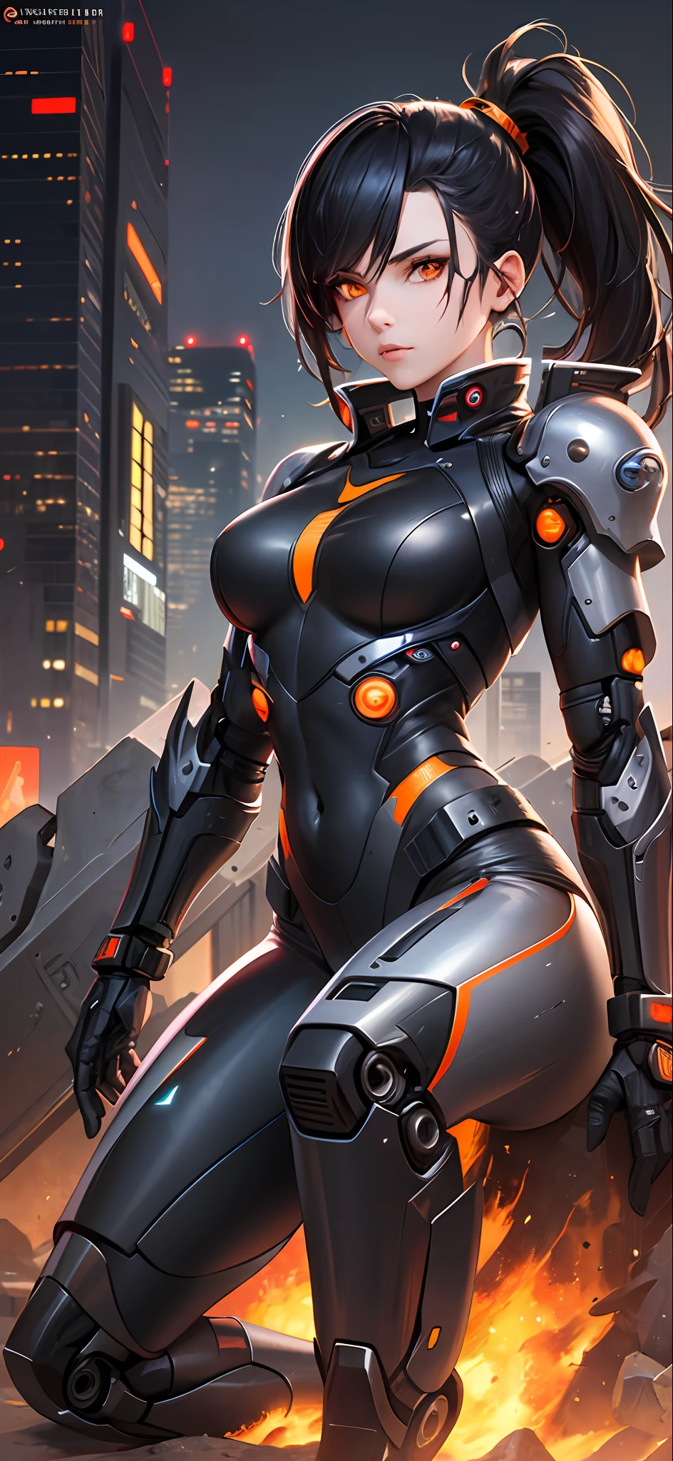 Cyberpunk, Female Cyborg, Special Ability, Uniform, Mechanized Enhancement, Beauty, Black Hair, Japan, Knee Up, Detailed Face, Fine Body, Full Body, Ponytail, Mechanical Eyes, ((Orange Eyes: 1.2)), Glowing Eyes, Prosthetic Hands, Prosthetic Legs