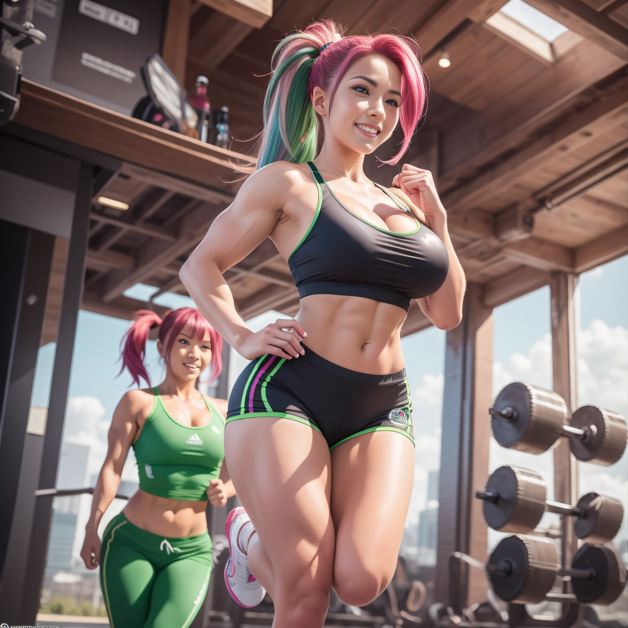 Cartoon girl with pink hair and green shorts running, five fingers, very big, cleavage, one woman, long legs, fitness model, muscles, abs, powerful pose, red hair, sportswear, ponytail, tanned skin, smile, shiny clothes, full body view, publicity cosplay, full cosplay, shot with canon 5D mk4, cosplay photo