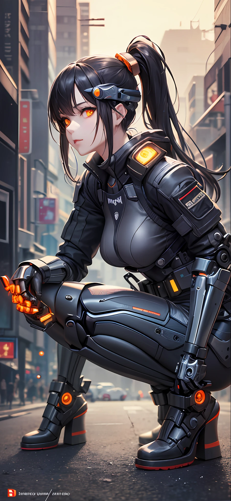 Cyberpunk, Female Cyborg, Special Ability, Uniform, Mechanized Enhancement, Beauty, Black Hair, Japan, Knee Up, Detailed Face, Fine Body, Full Body, Ponytail, Mechanical Eyes, ((Orange Eyes: 1.2)), Glowing Eyes, Prosthetic Hands, Prosthetic Legs