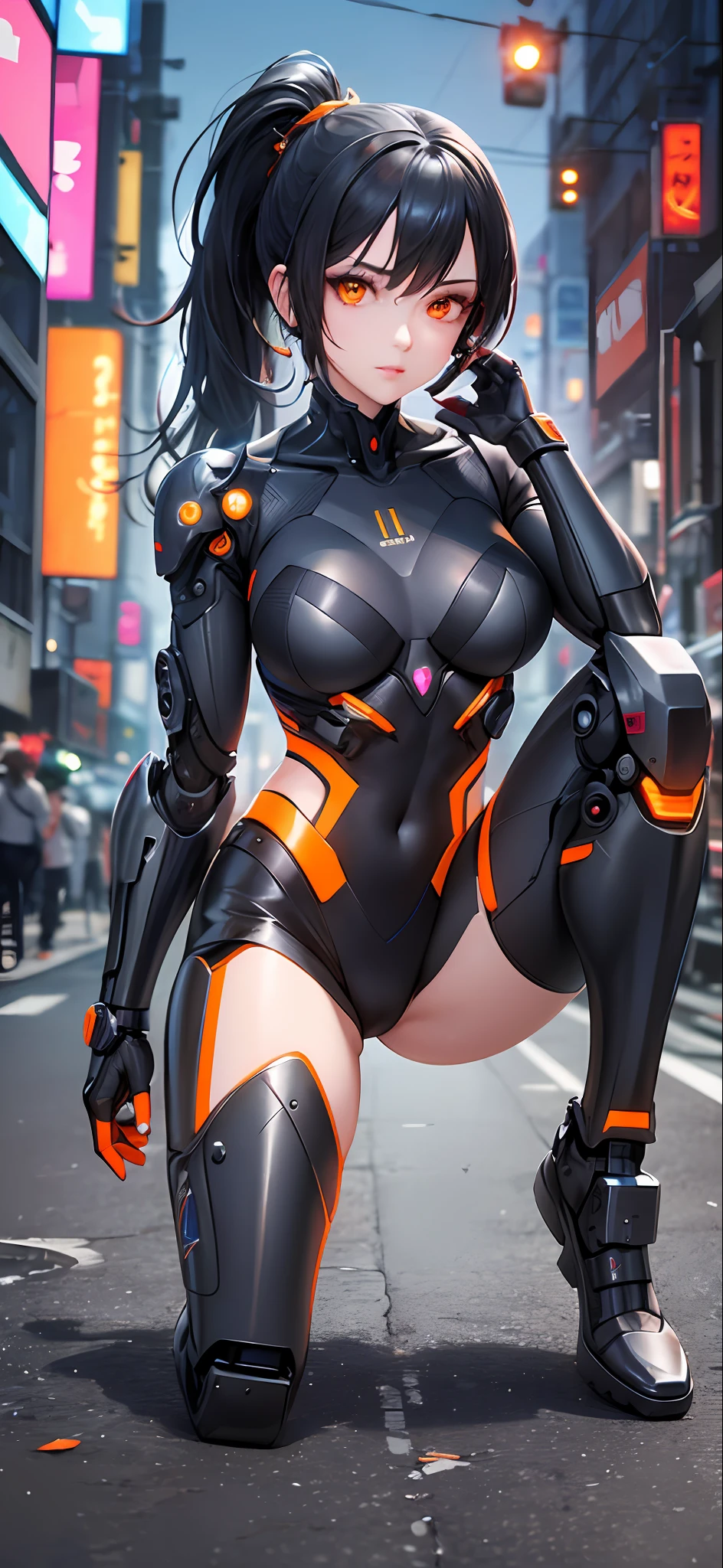 Cyberpunk, Female Cyborg, Special Ability, Uniform, Mechanized Enhancement, Beauty, Black Hair, Japan, Knee Up, Detailed Face, Fine Body, Full Body, Ponytail, Mechanical Eyes, ((Orange Eyes: 1.2)), Glowing Eyes, Prosthetic Hands, Prosthetic Legs