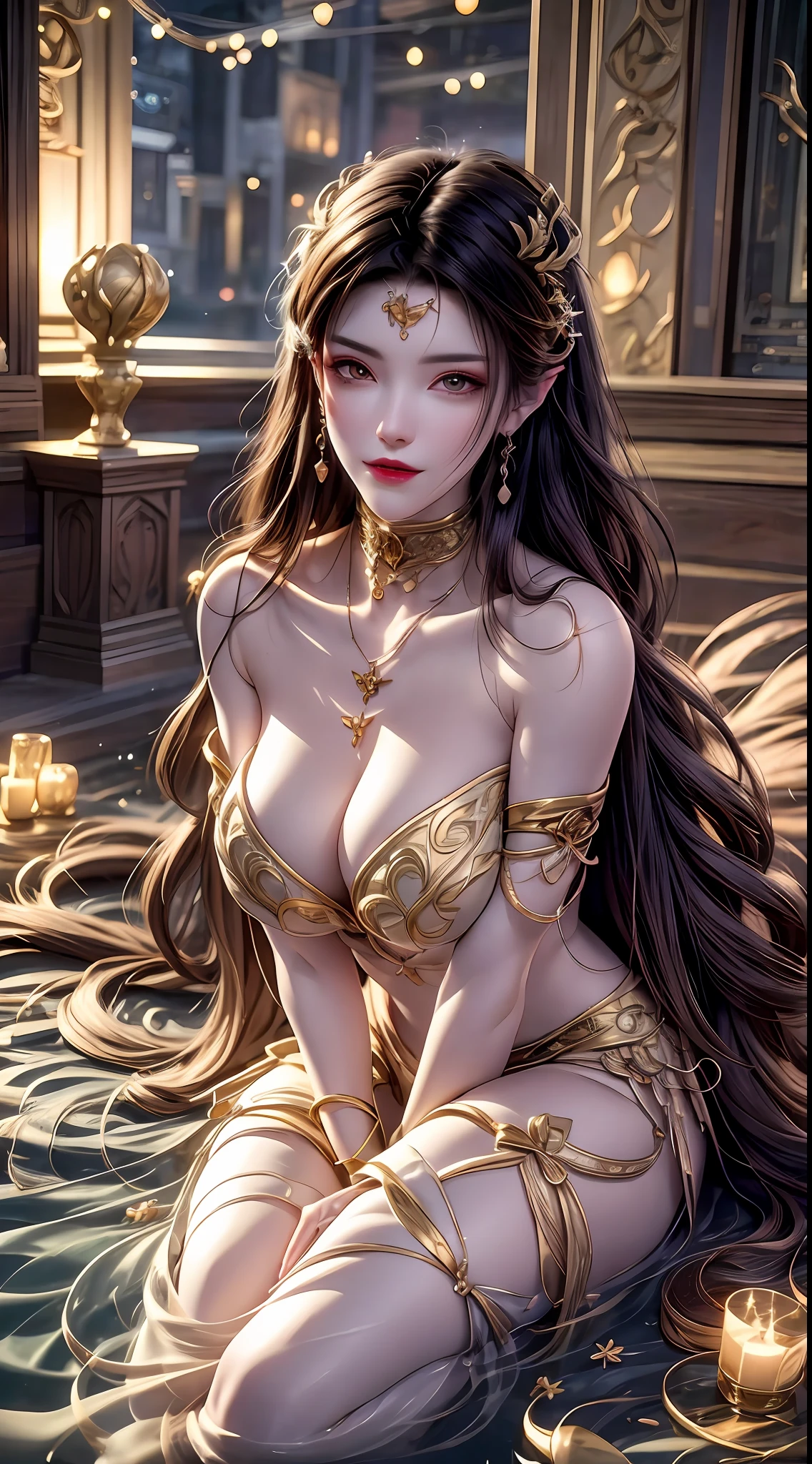 Highest quality, best quality, unlimited details, 8k resolution, a delicate beautiful girl, goddess, fairy fluttering, beautiful eyes, charming eyes, moist lips, long tan hair, slightly curly, melon seed face, Asian face, smiling, detailed portrayed face, detailed portrayed expression, detailed portrayed facial features, master masterpiece, full of details, detailed portrayed background, detailed portrayed characters, detailed portrayed hair, detailed portrayed hair, detailed portrayed body, detailed portrayed hands, detailed depicted clothes, Detailed portrayed face, perfect face, ultimate arms, hair, facing the viewer, necklace, lipstick, earrings, sunset, standing posture, full body photo, master work, infinitely close to reality, distant full body perspective, background is ancient Chinese architectural complex, detailed portrayal of ancient flowers and plants, she sits elegantly by the tranquil lotus lake, her feet are playing in the water, bathed in the soft glow of the moonlight. The scene exudes an ethereal and dreamy atmosphere, with a touch of mystery and sexiness. The graphic style blends watercolor and digital illustration techniques to evoke a refined beauty and charm. The lights are filled with soft moonlight, casting soft highlights and shadows on her charming features. Bare thighs, big breasts, three-dimensional facial features, sitting, upturned legs