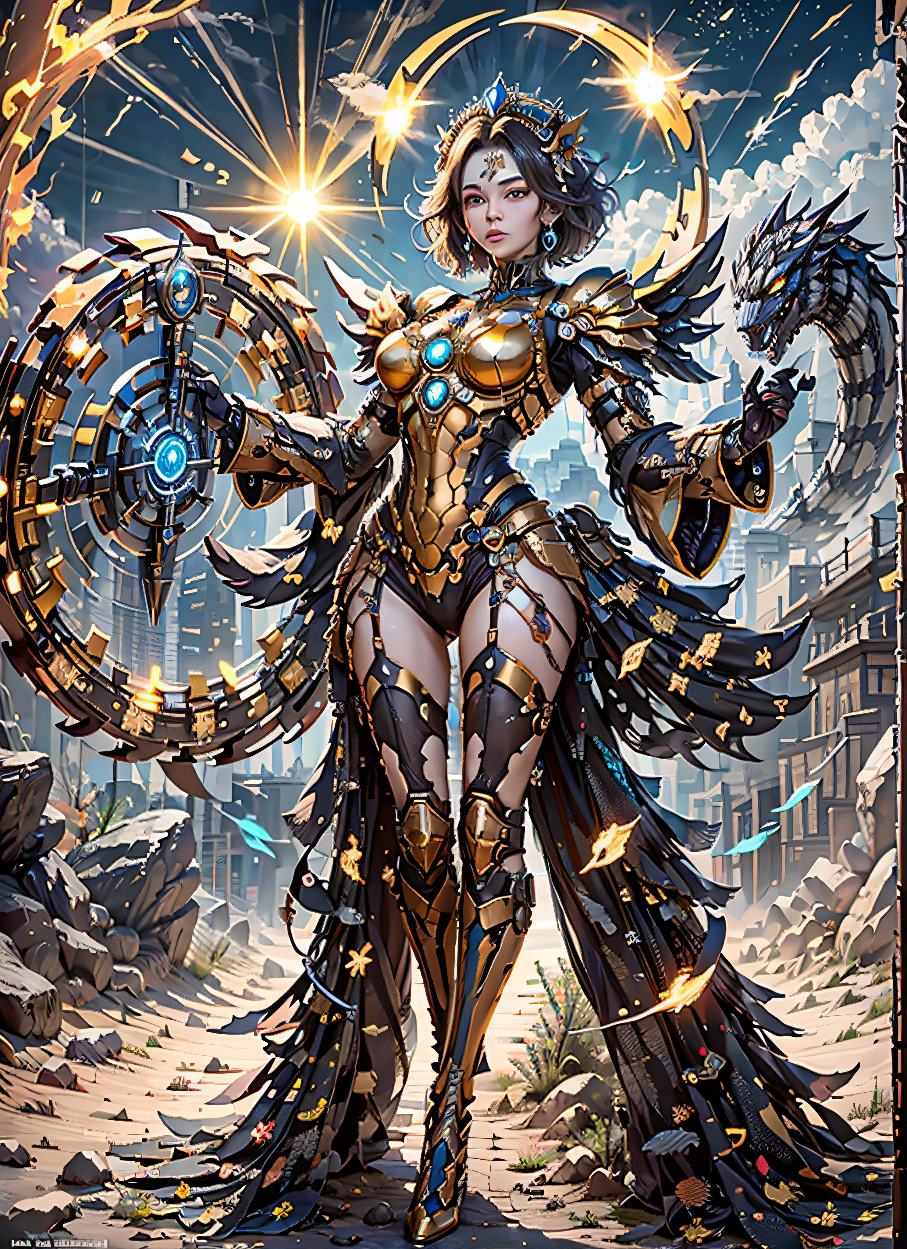 1girl, beautiful empress of the sun, detailed eyes, detailed face, detailed skin, mature body, tall body, seductive body, medium large chest, medium thigh, desert BREAK and pyramid bottoms, holding only a holy sun scepter, phoenix dragon in the sky, highly saturating sun rays, holy ceremony, angelic halo, dazzling golden and orange spark around, sacred magic circle,  golden crown, golden majestic lightning, best quality, masterpiece, trend in art station, BREAK, detailed, realistic, highly detailed digital art 8k, octane rendering, bioluminescent, concept art resolution BREAK 8K, realism, by studios Mappa, masterpiece, best quality, official art, illustration, ligne claire, (cool_color), perfect composition, absurdists, fantasy, focused, full body in attack pose, night sky with clouds,  full moon