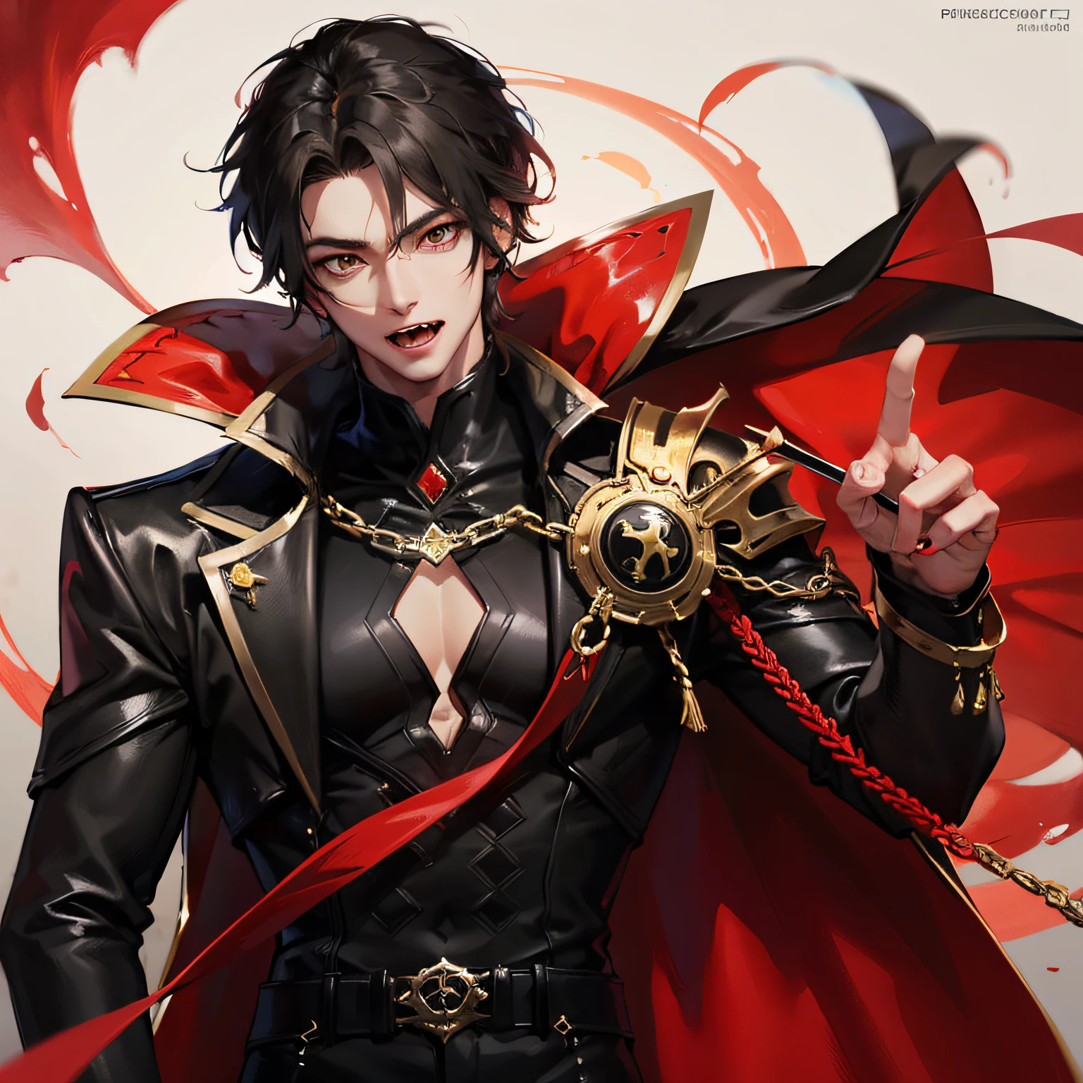 Absurd, high resolution, super detailed), 1 male, adult, handsome, tall muscular man, broad shoulders, black suit, scarlet eyes and delicate face, black hair, fantasy, vampire, fangs, fangs