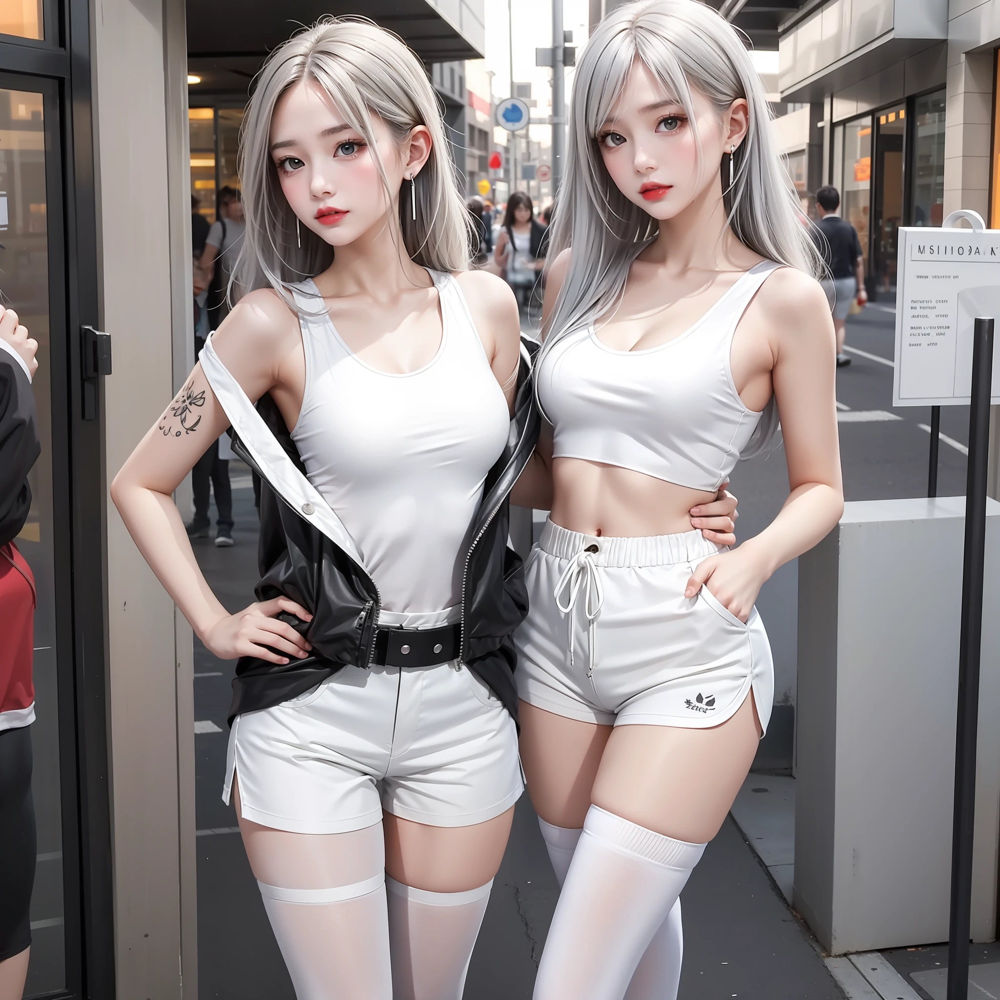 Urban beautiful girl high school student, masterpiece, light makeup, red lips, silver hair, messy long hair, street background, beautiful, elegant. Super fine details, master works, real texture, cinematic lighting realism, perfect work, 8k, HD, exquisite facial features, white tight open-cut top, transparent white tight shorts, black tights, slim figure, pear-shaped body, round hips, slender small man's waist, sexy chest, vest line, collarbone, bright big eyes, smooth skin, earrings, tattoos, slender long legs