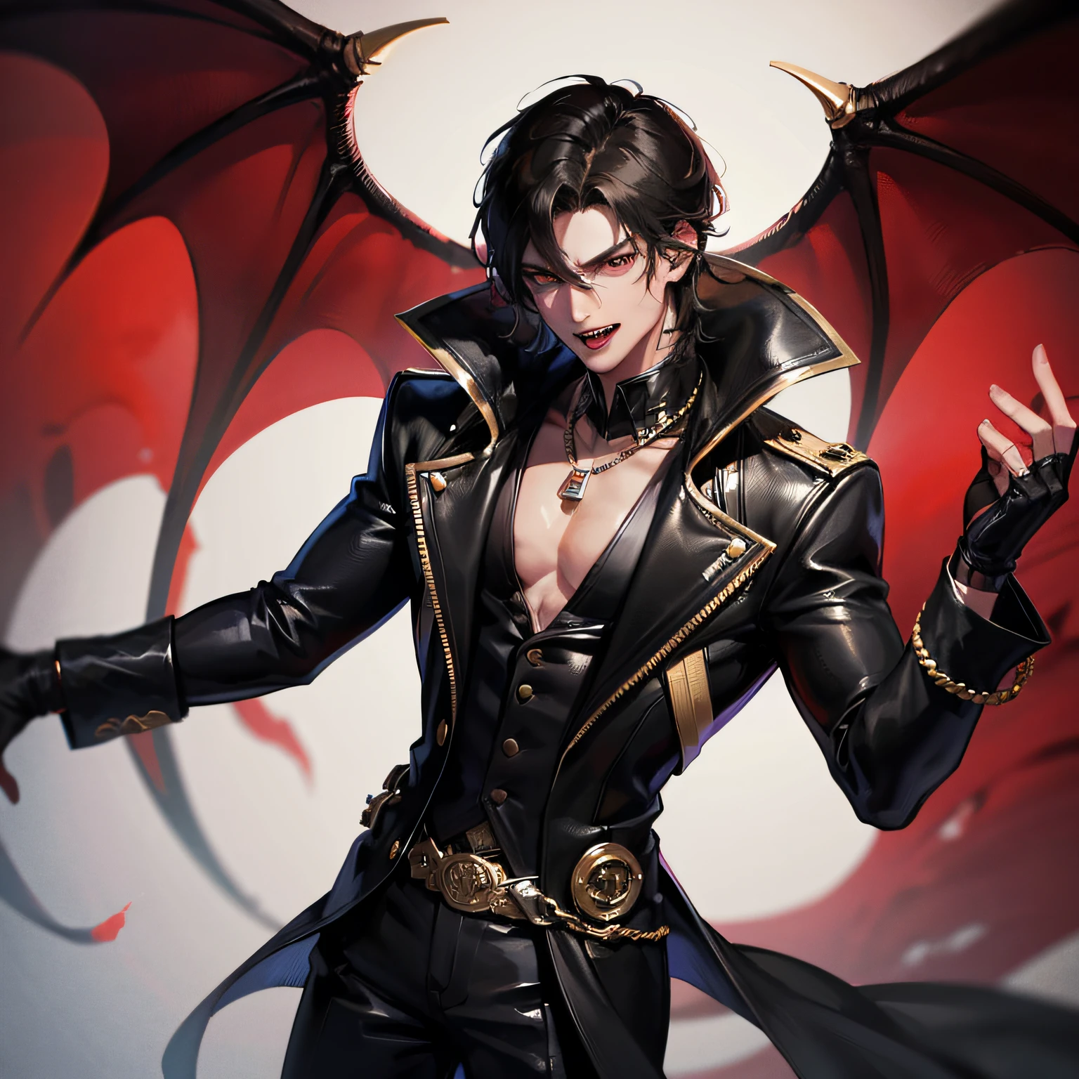 Absurd, high resolution, super detailed), 1 male, adult, handsome, tall muscular man, broad shoulders, black suit, scarlet eyes and delicate face, black hair, fantasy, vampire, fangs, fangs