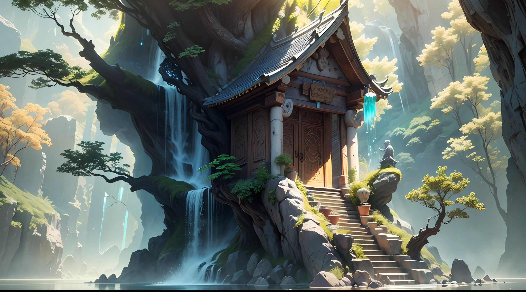 Masterpiece, highest quality, (highly detailed CG Unity 8k wallpaper), (highest quality), (dim), (best illustration), (best shadow), (waterfall))), (Guanyin statue)))) mysterious stalactites, beautiful stalactites, (backlight), (particle effect), etc. 3D, octane rendering, ray tracing, ultra-detail --auto