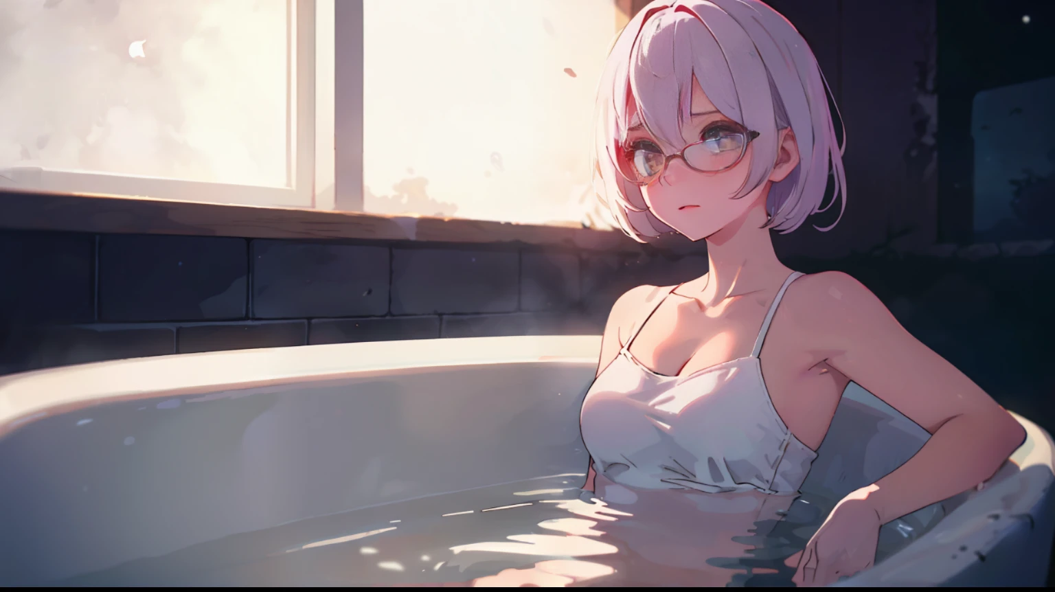 bath woman close hot night moonlit dark bathing hot spring white bath towel wrapped around body hands in front of