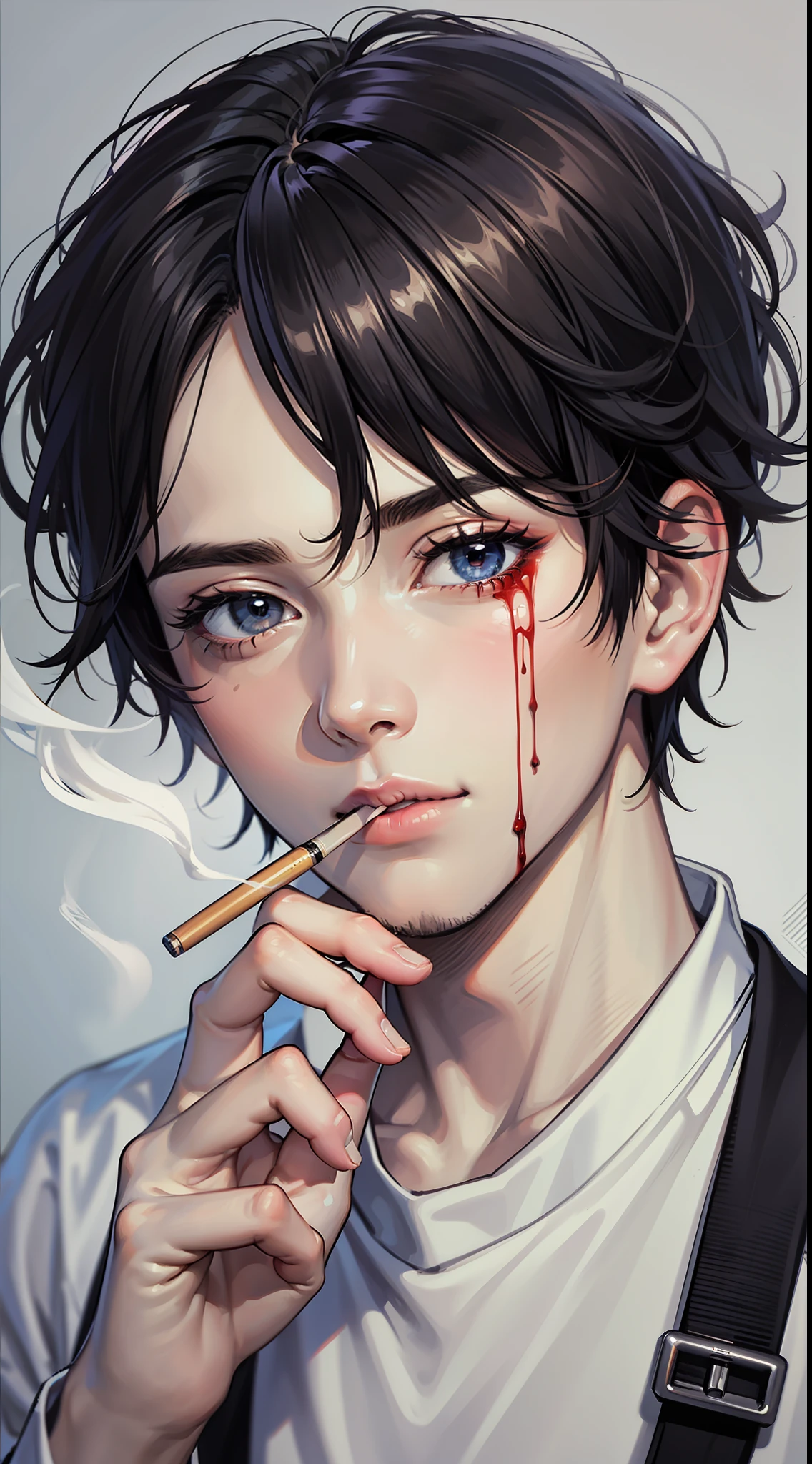 masterpiece, high quality, ultra detailed, detailed eyes,
blood,  smoking, cigarette, 1boy, injury, smoke, black_hair, male_focus,  white shirt, looking at viewer, alert,