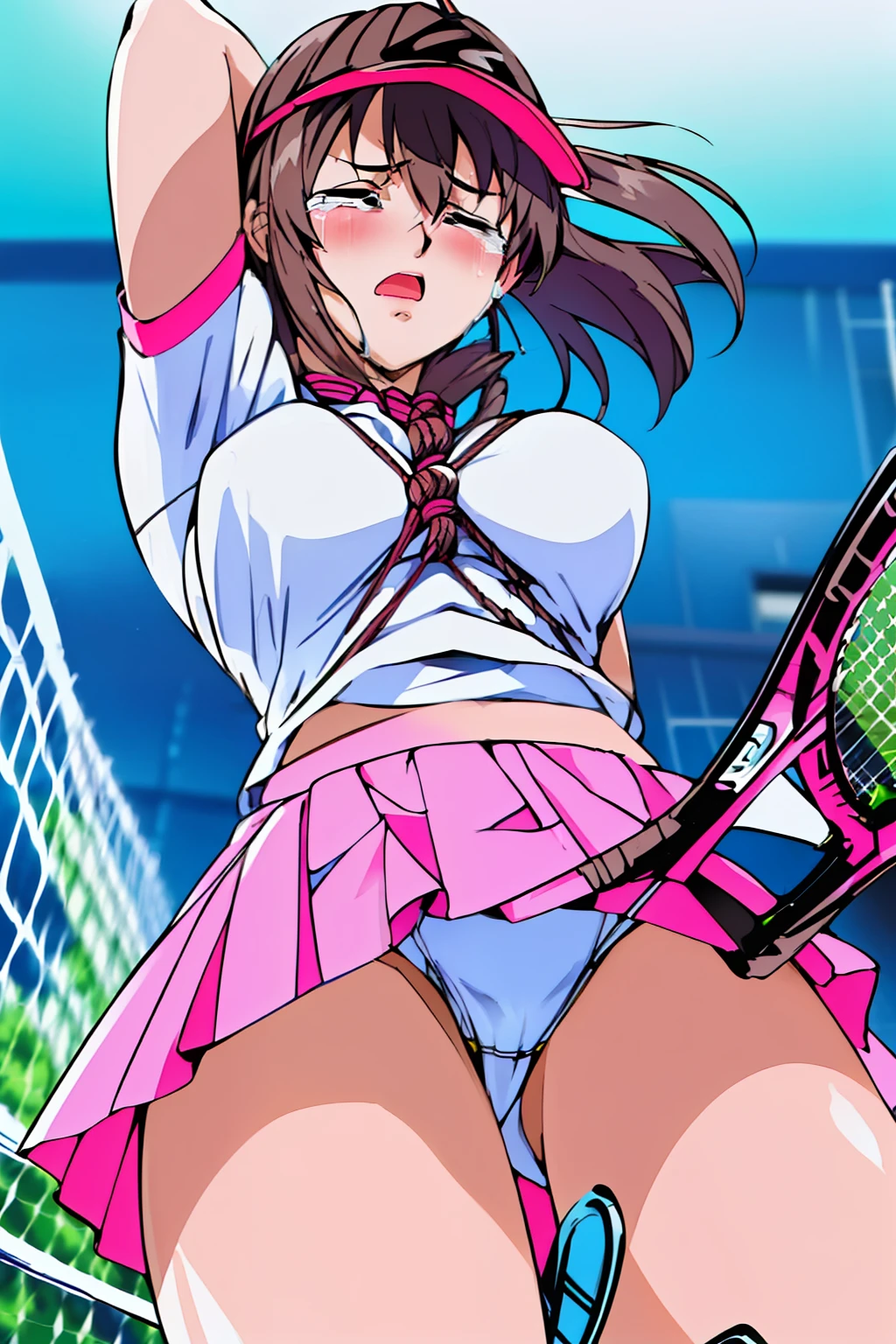 (full body shot),(upskirt, from very below,ceiling:1.5),(day:1.7), stage,
(cute-tennis-uniform-costume:1.8), Pink_white_short skirt,Pink_white_shirt, red_hairband,black_hair,long_hair,Green_eyes,Sidehair, Straight, V Bangs,(rope shibari over the clothes:1.8),(arms behind head:1.3),(stand split leg:1.8, i-balanced:1.9, show white-high-cut-panty from micro-miniskirt:1.6),white-crotchless-panties, cameltoe, erotic,
1 girl, 18yo,Young female,Beautiful Finger,Beautiful long legs,Beautiful body,Beautiful Nose,Beautiful character design, perfect eyes, perfect face,
(frown,open wide mouse,screaming,disgust,crying,closed eyes tightly,closed eyes,glareing,anger,sad,nose-blushing,:1.3),
NSFW,official art,extremely detailed CG unity 8k wallpaper, perfect lighting,Colorful, Bright_Front_face_Lighting,
(masterpiece:1.0),(best_quality:1.0), ultra high res,4K,ultra-detailed,
photography, 8K, HDR, highres, absurdres:1.2, Kodak portra 400, film grain, blurry background, bokeh:1.2, lens flare, (vibrant_color:1.2)
(Beautiful-medium-Breasts,pointy tits:1.3), (beautiful_face:1.5),(narrow_waist),