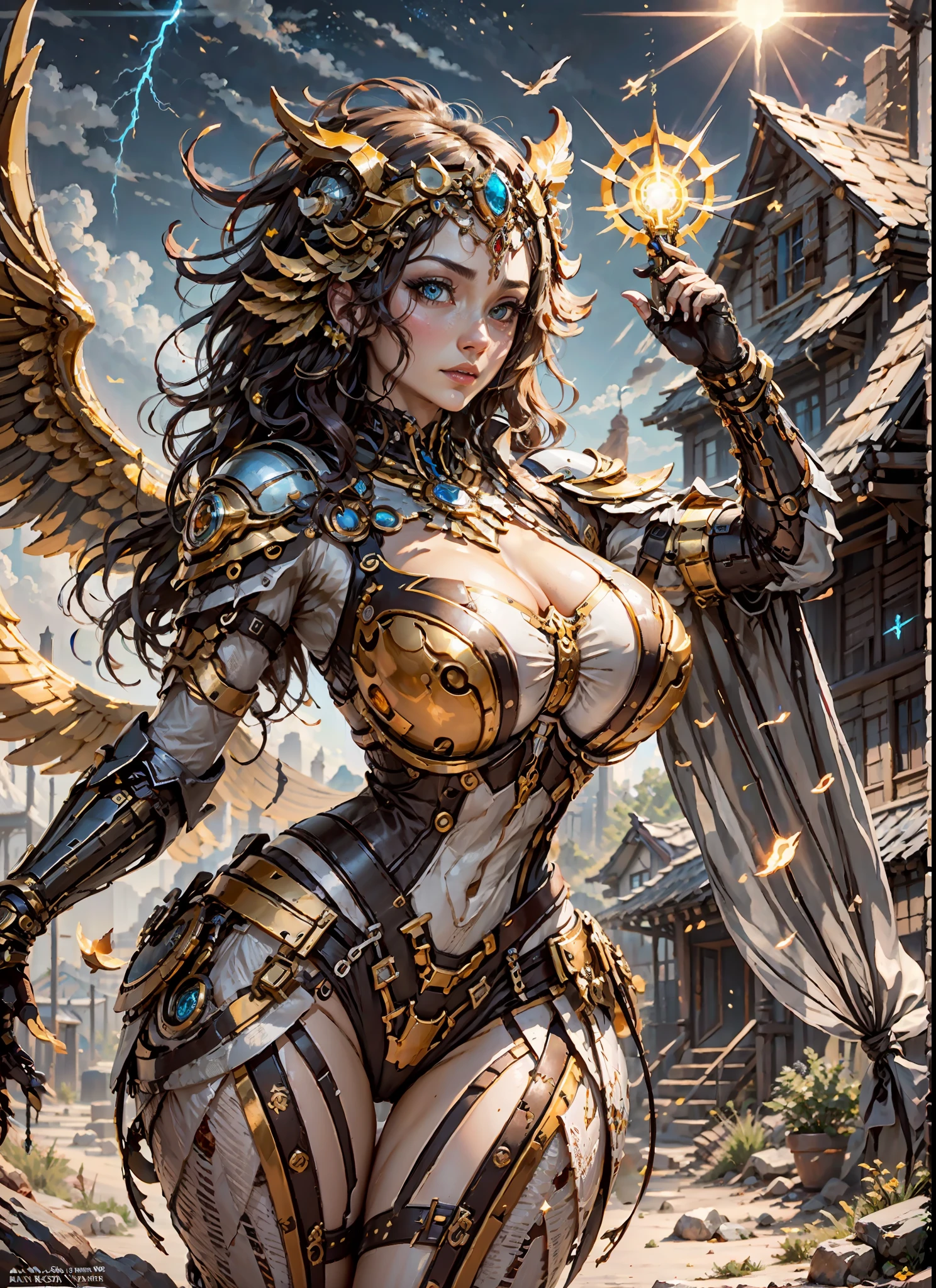 Curvy, milf, (gigantic boobs :1.2), hot, sexy lips, 1girl, beautiful empress of the sun, detailed eyes, detailed face, detailed skin, mature body, tall body, seductive body, medium large chest, medium thigh, desert BREAK and pyramid bottoms, holding only a holy sun scepter, phoenix dragon in the sky, highly saturating sun rays, holy ceremony, angelic halo, dazzling golden and orange spark around, sacred magic circle,  golden crown, golden majestic lightning, best quality, masterpiece, trend in art station, BREAK, detailed, realistic, highly detailed digital art 8k, octane rendering, bioluminescent, concept art resolution BREAK 8K, realism, by studios Mappa, masterpiece, best quality, official art, illustration, ligne claire, (cool_color), perfect composition, absurdists, fantasy, focused, full body in attack pose, night sky with clouds,  full moon