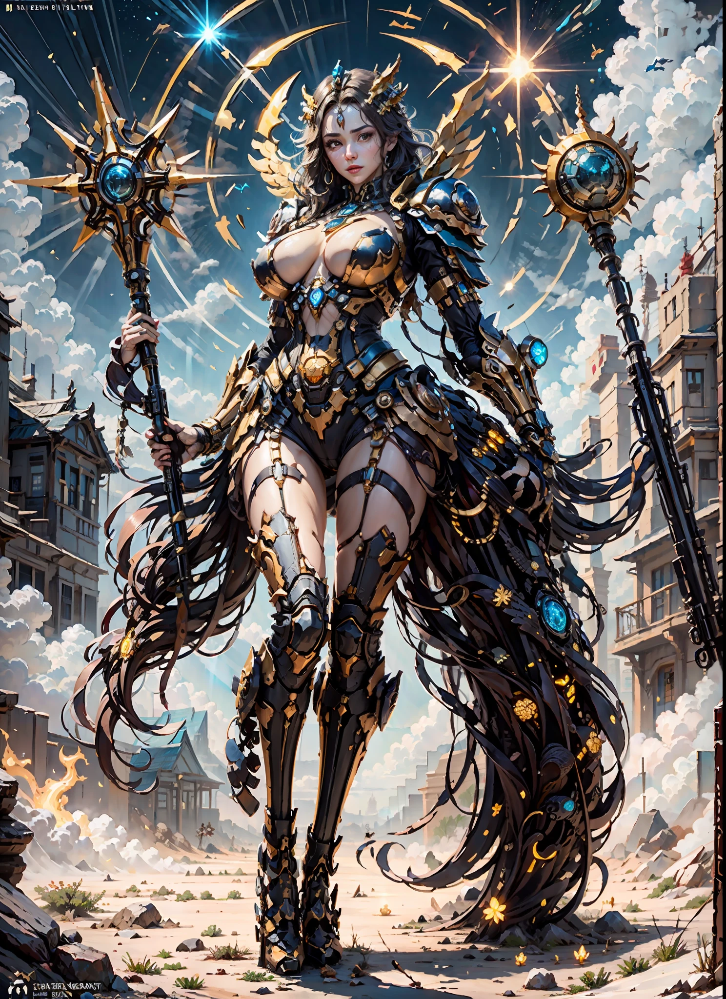 Curvy, milf, (gigantic boobs :1.2), hot, sexy lips, 1girl, beautiful empress of the sun, detailed eyes, detailed face, detailed skin, mature body, tall body, seductive body, medium large chest, medium thigh, desert BREAK and pyramid bottoms, holding only a holy sun scepter, phoenix dragon in the sky, highly saturating sun rays, holy ceremony, angelic halo, dazzling golden and orange spark around, sacred magic circle,  golden crown, golden majestic lightning, best quality, masterpiece, trend in art station, BREAK, detailed, realistic, highly detailed digital art 8k, octane rendering, bioluminescent, concept art resolution BREAK 8K, realism, by studios Mappa, masterpiece, best quality, official art, illustration, ligne claire, (cool_color), perfect composition, absurdists, fantasy, focused, full body in attack pose, night sky with clouds,  full moon