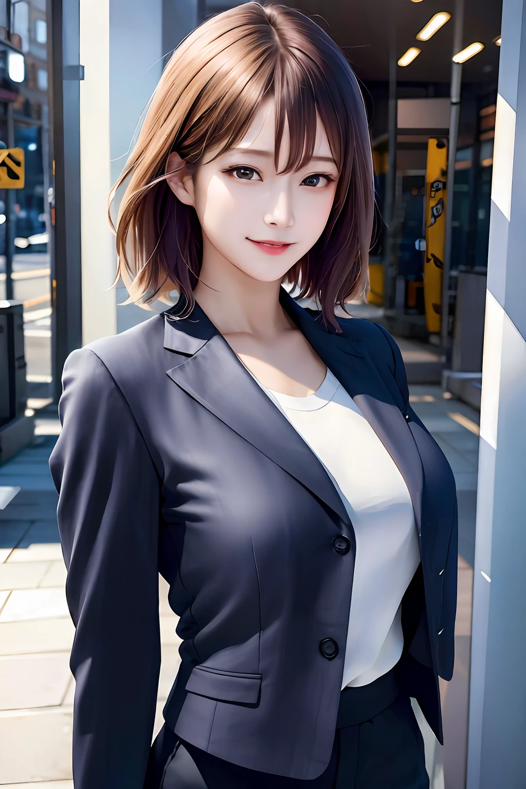 (8k, RAW photo, ultra high res, best quality, masterpiece:1.2), (realistic illustration), (extremely detailed CG unity 8k wallpaper), absurdres,
1 girl,21 yo, beautiful face,medium breasts,black medium hair,smile,tilting head,grin,upper body,slim fit pants,gray tailored jacket,office,upper body、乃木坂アイドル、女優、韓国アイドル