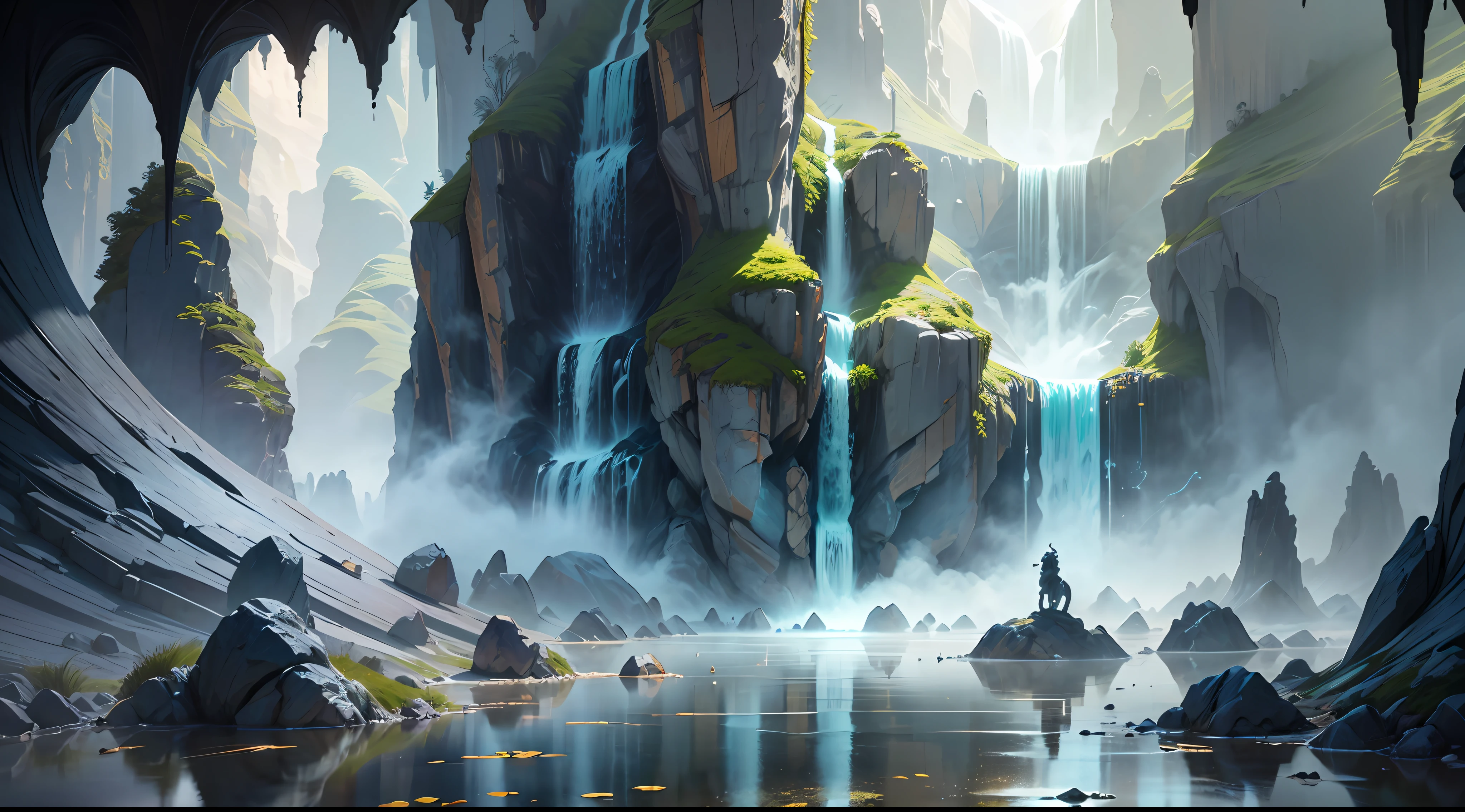 Masterpiece, highest quality, (highly detailed CG Unity 8k wallpaper), (highest quality), (dim), (best illustration), (best shadow), (waterfall))), (Guanyin statue)))) mysterious stalactites, beautiful stalactites, (backlight), (particle effect), etc. 3D, octane rendering, ray tracing, ultra-detail --auto
