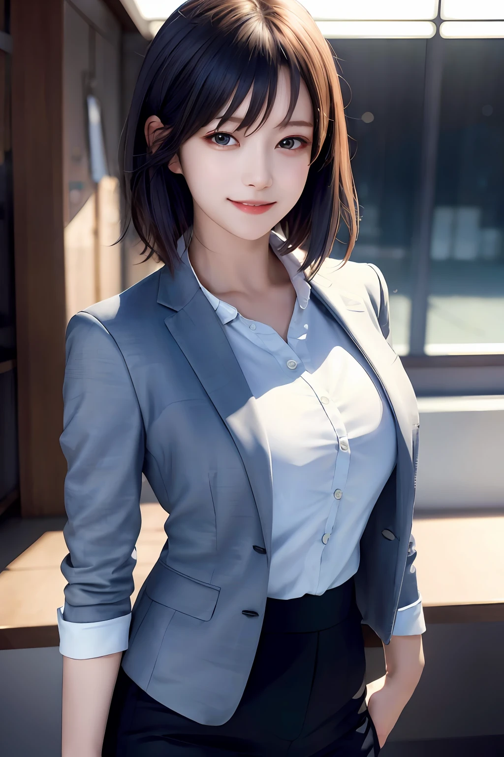 (8k, RAW photo, ultra high res, best quality, masterpiece:1.2), (realistic illustration), (extremely detailed CG unity 8k wallpaper), absurdres,
1 girl,21 yo, beautiful face,medium breasts,black medium hair,smile,tilting head,grin,upper body,slim fit pants,gray tailored jacket,office,upper body、乃木坂アイドル、女優、韓国アイドル