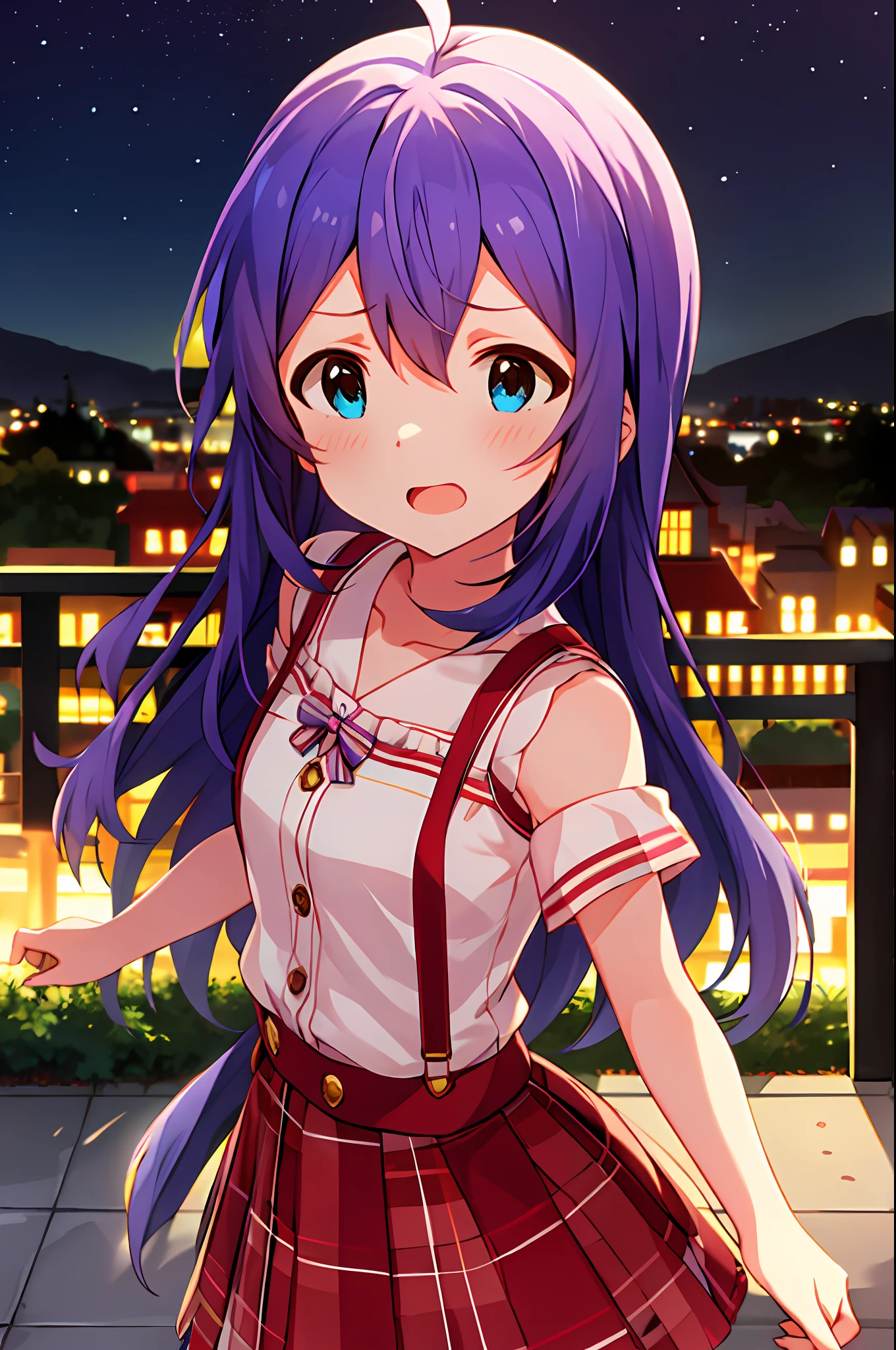 Anna Mochizuki (Million Live), (Top Quality, 8K, Masterpiece, Super Detail: 1.2), 1 Girl, Suspender Clothes.Skirt.Blushing, Clavicle, Bow, Ribbon, Blue Bow.Night.Night View.Outdoors.Chestful.Despair Face.Open Mouth.