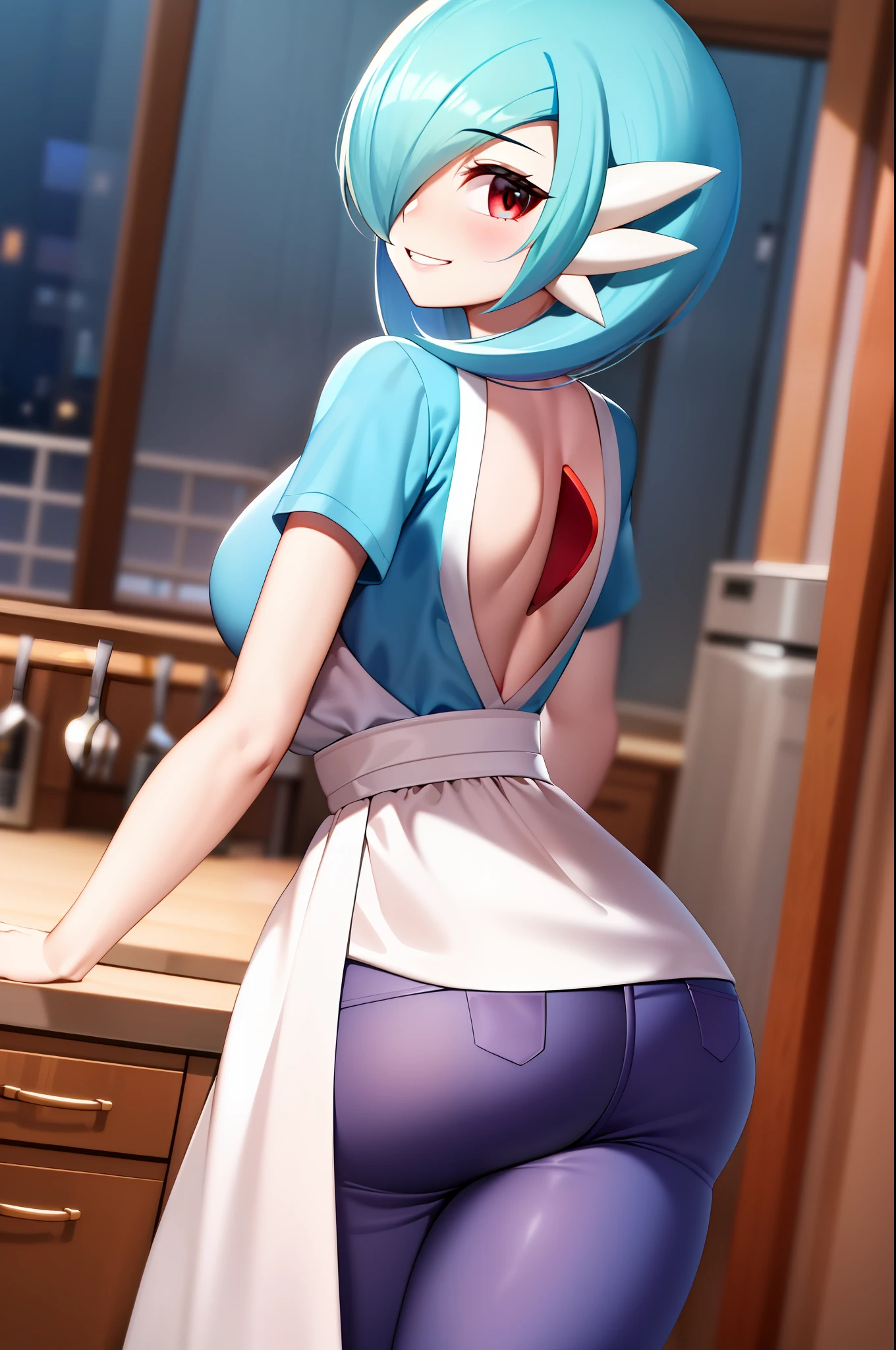 Masterpiece, best_quality, 1girl, solo, gardevoir, pokemon \(creature\), blue hair, red eyes, detailed eyes, in a kitchen, night stage, it's night, casual clothes, blue pants, white blouse, low-cut blouse, medium breasts, pregnant, wears a black apron, hands on the back, smiling, is behind a table that has several dishes. Abreast.