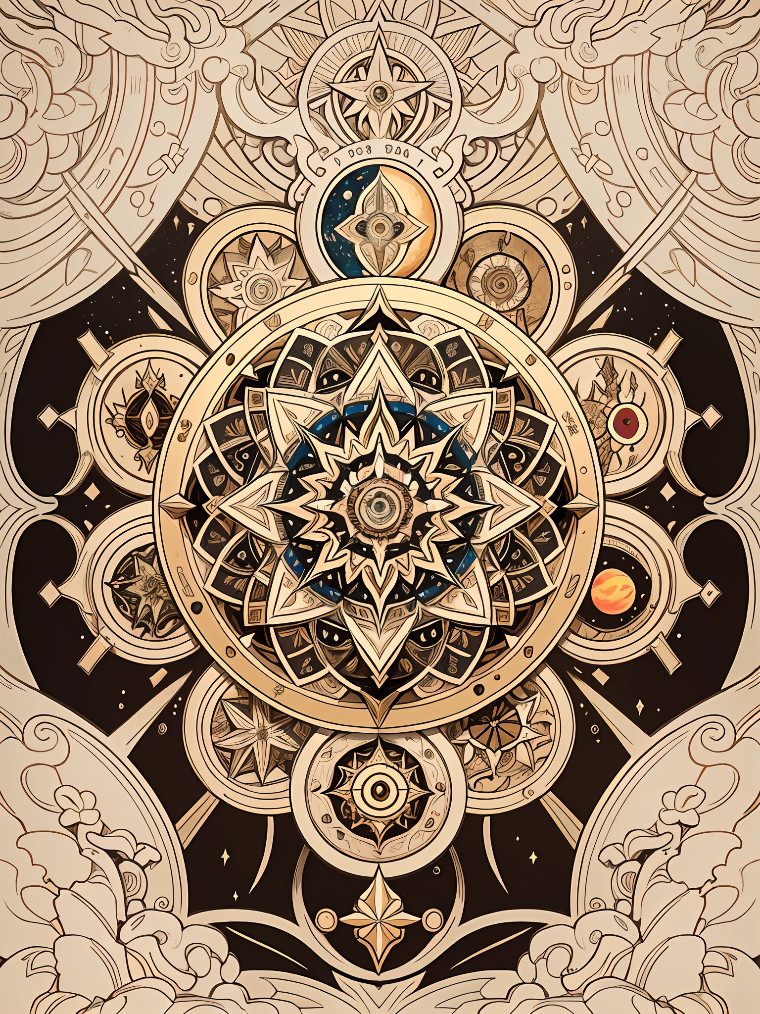 official art, 8k unit wallpaper, ultra detailed, beautiful and aesthetic, high quality, beautiful, masterpiece, best quality (zentangle, mandala, tangled, tangled: 0.6), symmetrical, symmetrical, mandala with the symbol of the 12 signs of the zodiac (zodiac symbol:1.0), symbolization of the planets and orbits, Sun in the center. symmetric fibonaccci.