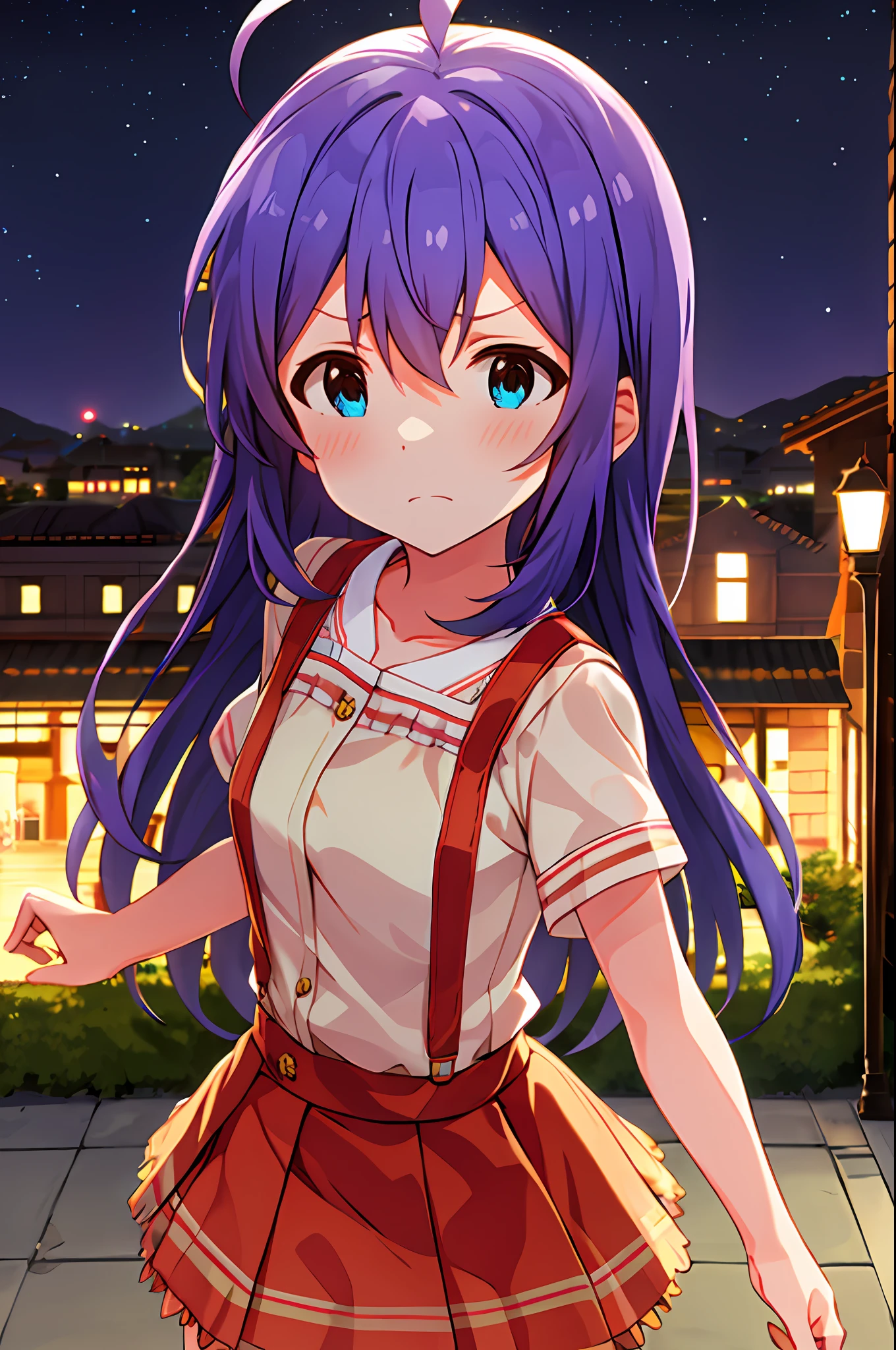 Anna Mochizuki (Million Live), (Top Quality, 8K, Masterpiece, Super Detail: 1.2), 1 Girl, Suspender Clothes.Skirt.Blushing, Clavicle, Bow, Ribbon, Blue Bow.Night.Night View.Outdoors.Chesty.Despair Face.