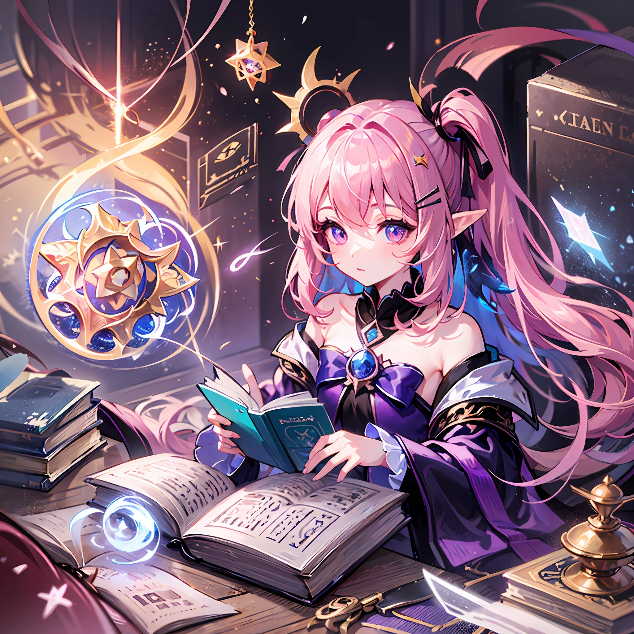 Light dark pink hair, (side ponytail), right side, snowflake ornamented hairpin, purple fine eyes, pink beautiful long dress, magic light surrounding, magic book, pentagram, eye condensation, attention to detail, highest quality, girl, books, avatar