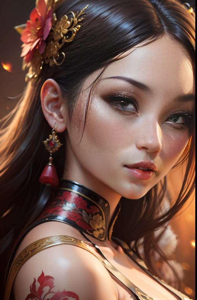 portrait of a beautiful Asian woman, with gorgeous makeup, glossy, 4k, 3D, vibrant color, intricate, elegant, highly detailed, digital painting, smooth, sharp focus, illustration art in the Andrew Gonzalez style