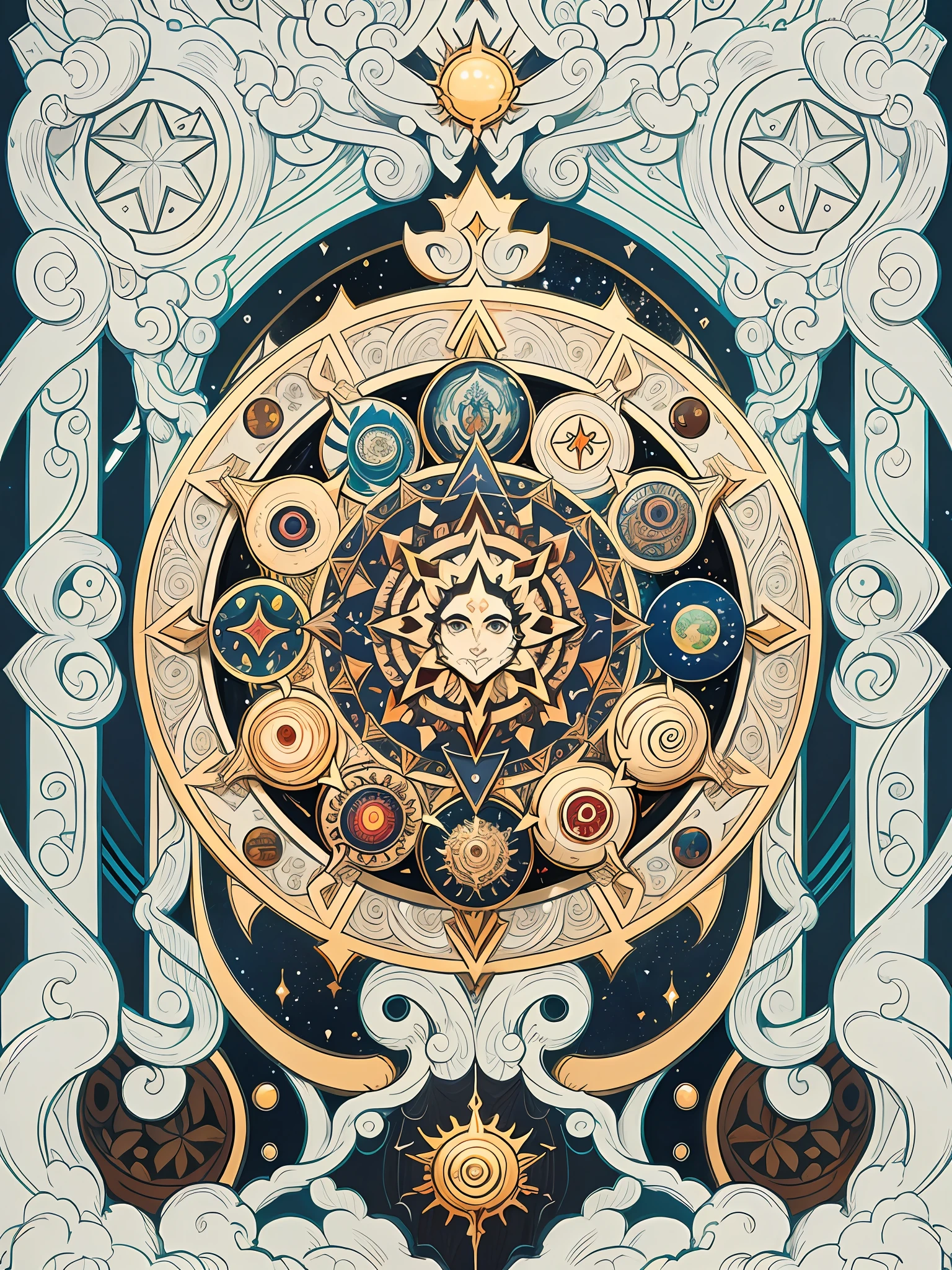 official art, 8k unit wallpaper, ultra detailed, beautiful and aesthetic, high quality, beautiful, masterpiece, best quality (zentangle, mandala, tangled, tangled: 0.6), symmetrical, symmetrical, mandala with the symbol of the 12 signs of the zodiac (zodiac symbol:1.0), symbolization of the planets and orbits, Sun in the center. symmetric fibonaccci.