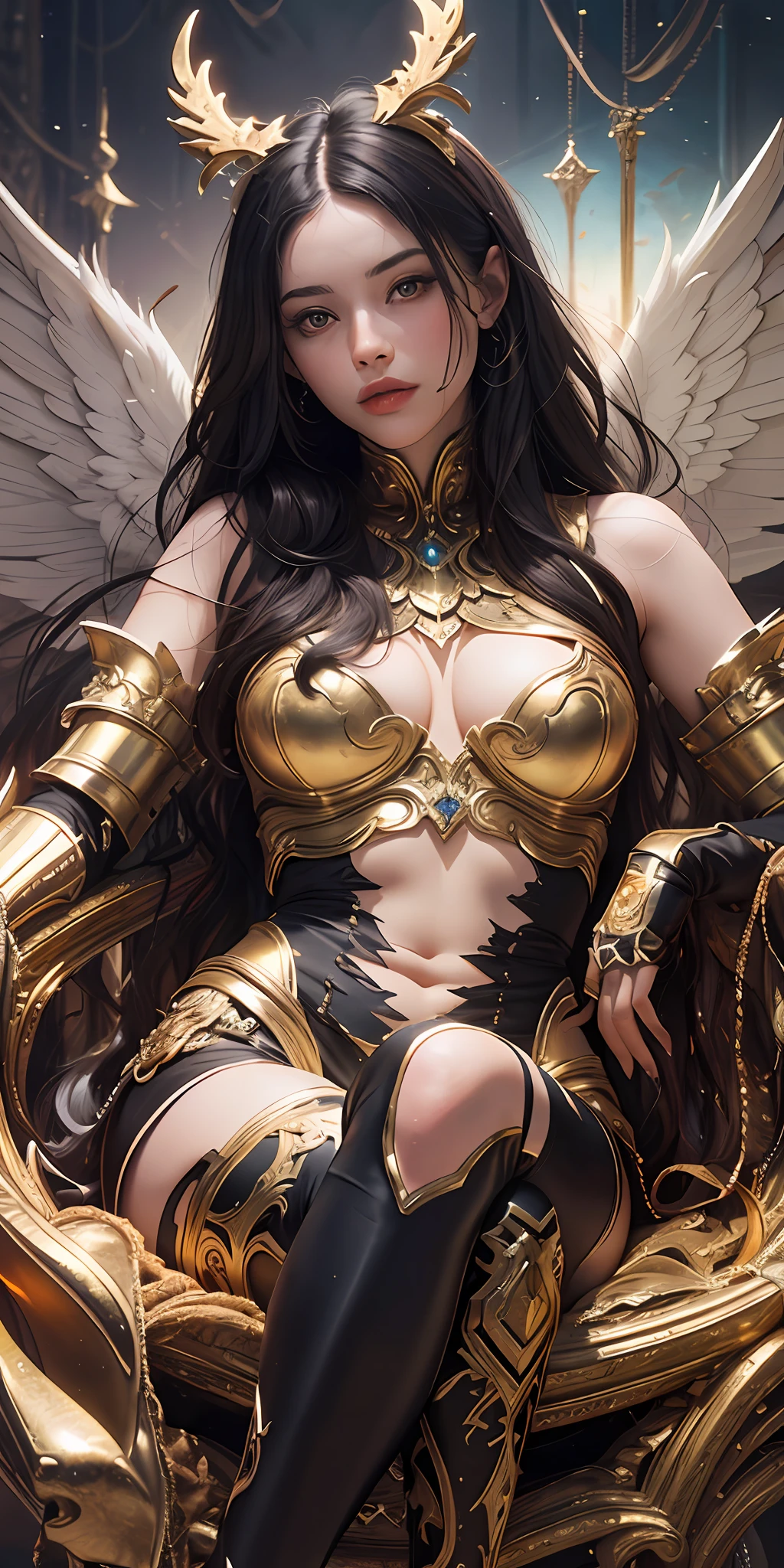 Stunning beauty, aesthetic, oil painting style, thick painting, peerless style of women, long black hair, inextricable wisps, beautiful posture, graceful curves, plump ideal type, gold armor, sitting forked legs, thighs, leg nails, elegant, extravagant artistic acts, romanticism, (fractal art), vibrant colors, sun glare smooth skin, professional photography close-up, brutalist design, vivid colors, the most beautiful chaotic forms, colorful, multicolored, symmetrical, from the frontal side, front view, noble chair, Golden wings, ruins of an ancient castle