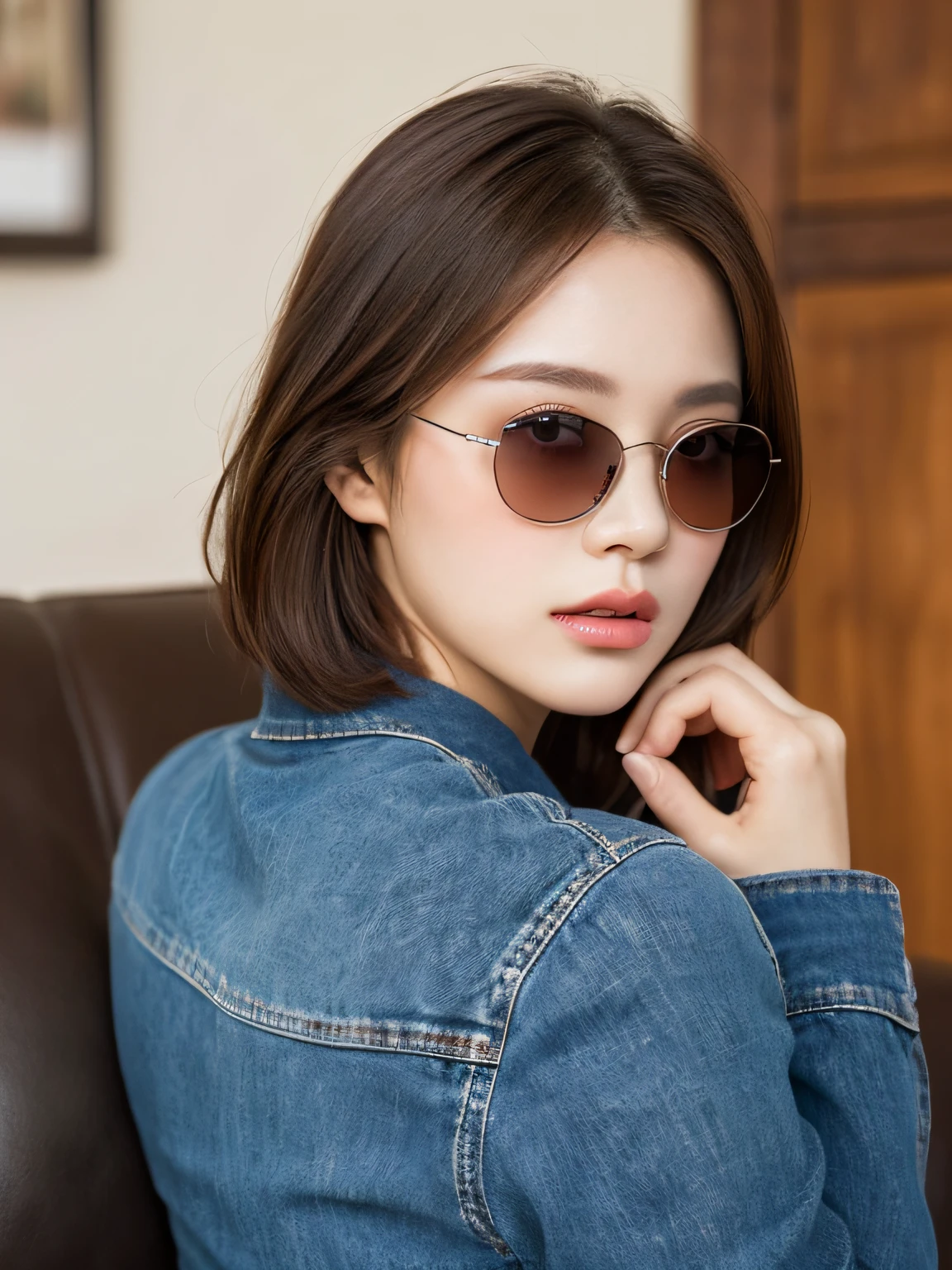 ((Best Quality, 8K, Masterpiece: 1.3)), 1 girl, slim face, beautiful woman, (short dark brown hair), casual wear, super detailed face, detailed eyes, back, sitting on sofa in living room in the evening with sunglasses, dark light, blurred background, slim face,