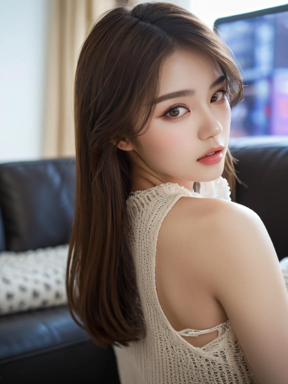 ((Best Quality, 8K, Masterpiece: 1.3)), 1 girl, slim face, beautiful woman, (short dark brown hair), casual wear, super detailed face, detailed eyes, back, sitting on sofa in living room in the evening with sunglasses, dark light, blurred background, slim face,