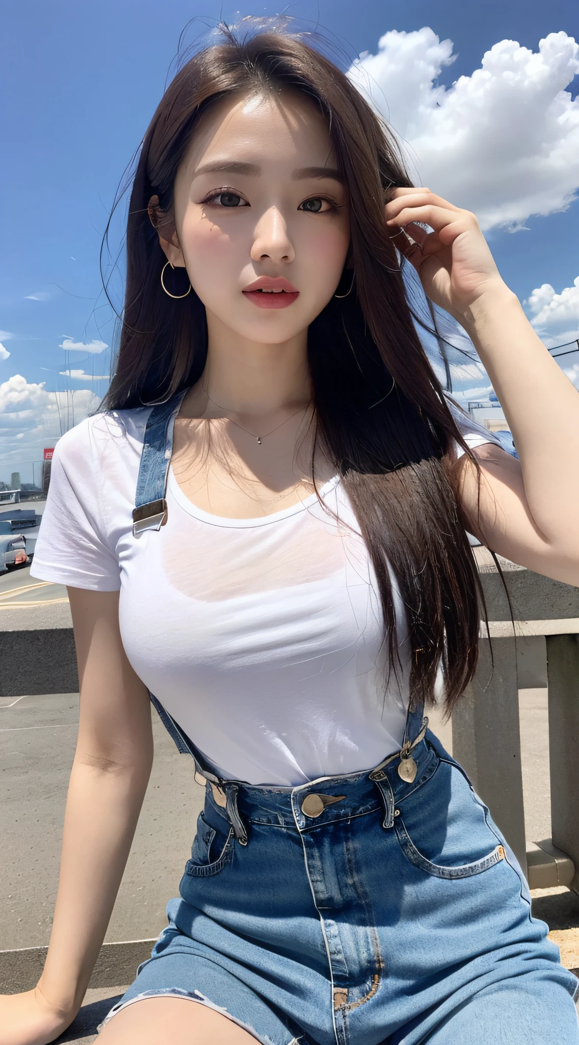 (Daytime, Excellent, 8K, Masterpiece:1.3)), Full body, Long legs, Focal length: 1.2, Perfect Body Beauty: 1.4, Slim Abs: 1.1, ((Dark Brown Hair, Big Breasts: 1.2 )), (White Skinny T-shirt, Denim Suspenders, Standing: 1.2), ((City, Blue Sky and White Clouds: 1.3)), Highly detailed face and skin texture, Detailed eyes, Double eyelids, Flying long hair