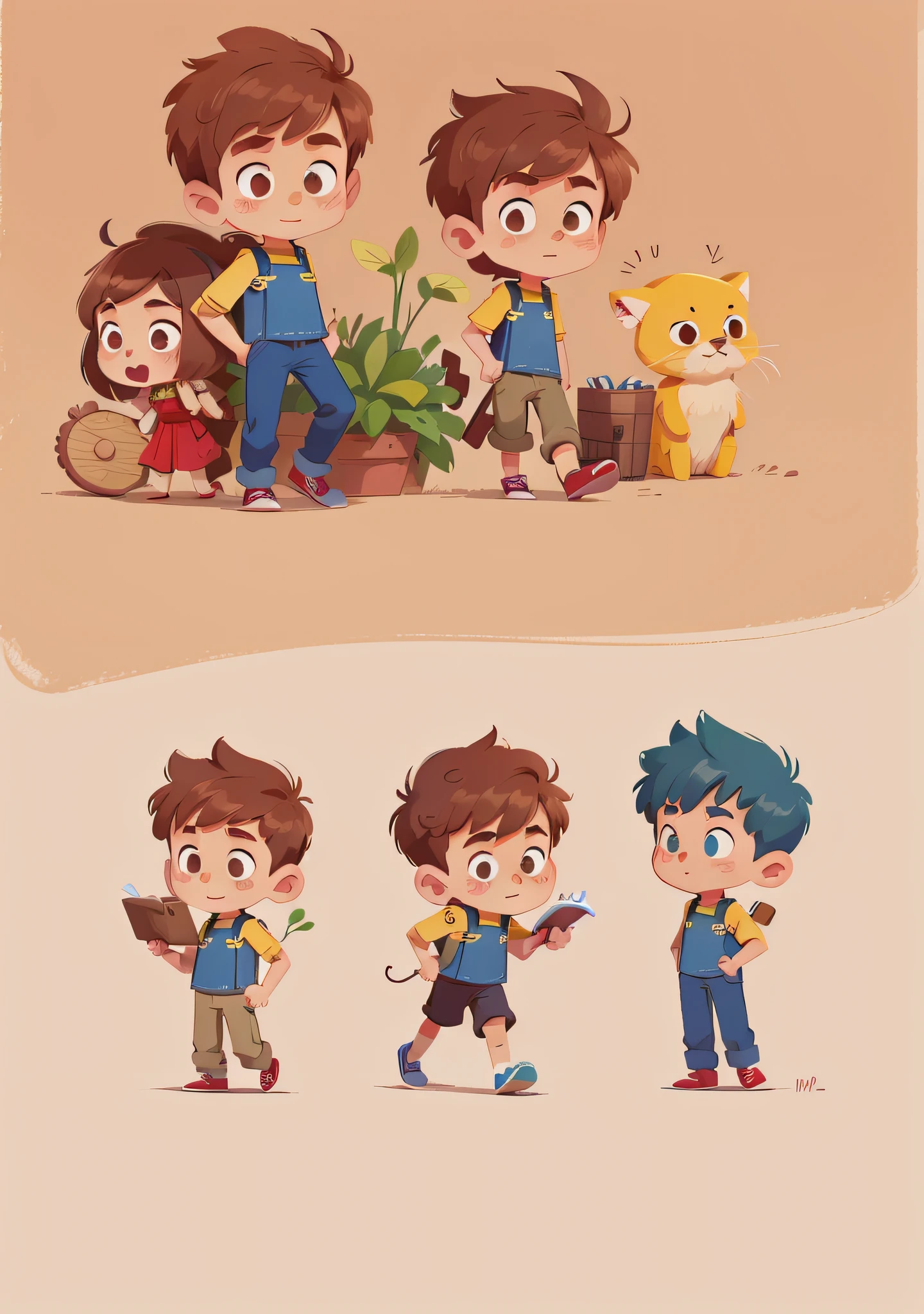 Cartoon character close-up of uniform, no hat, brown hair, brown hair, brown hair, long pants, long pants, male explorer mini cute short hair boy, high quality character design, animated character, full body character, full body character design, character standing walking, professional character design, game character design, full body single character, 2D illustration, 2D illustration, cute character, male protagonist 👀: 8, blue uniform