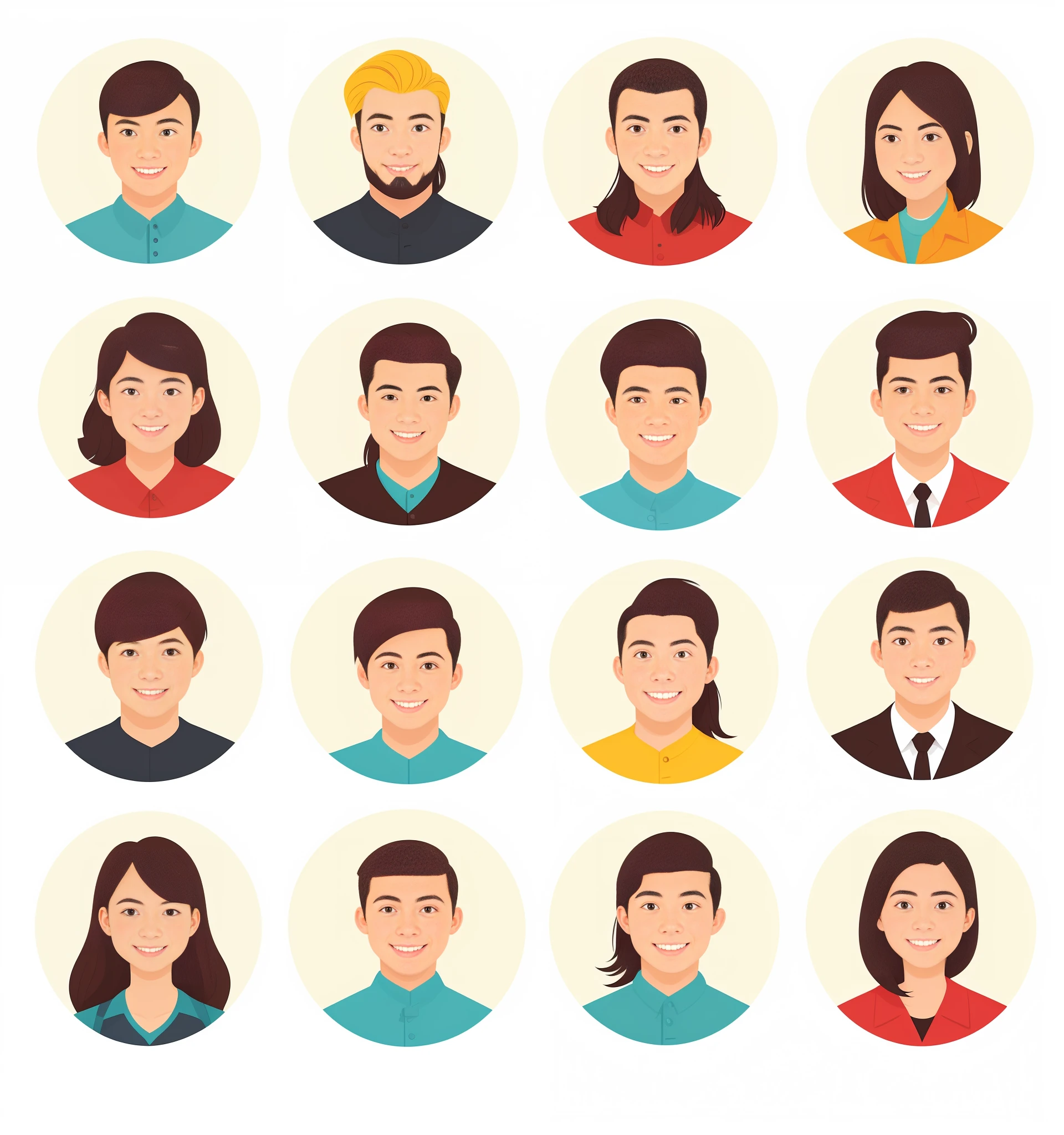 Group of men with different facial expressions and hairstyles, asian yellow skin, men, different outfits, professional profile pictures, Whitney Sherman, high quality portraits, cartoon style illustrations, diverse faces, character faces, highly detailed characters, medium portraits, detailed people, colorful character faces, cartoon illustrations, website avatars, detailed realistic smiley faces, by Aya Goda