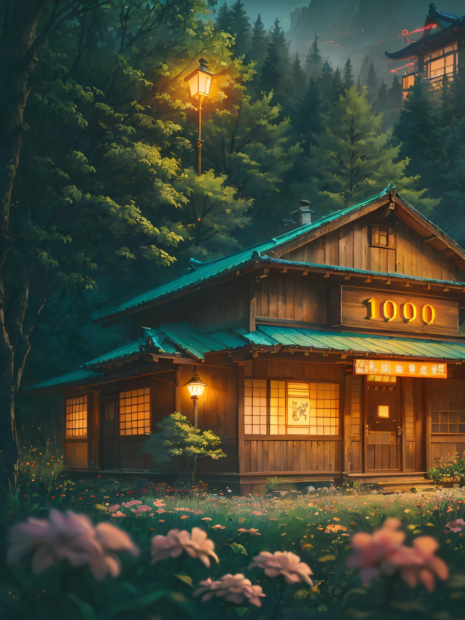 1690s art, ((1900s house,)) classic fairy tales, 910s Japanese country village house, classical house scenery, film photography, classic house scenery, 19th century fairy tale book, old life, Kodak, film grain, film photography, concept photography, actual, reality, zoom undone, secret house, fantasy, beautiful and lush trees, surrounded by forests, small flowers, (((with neon glowing sign, pastel light sign)))) )((shining shop sign))), calm, morning