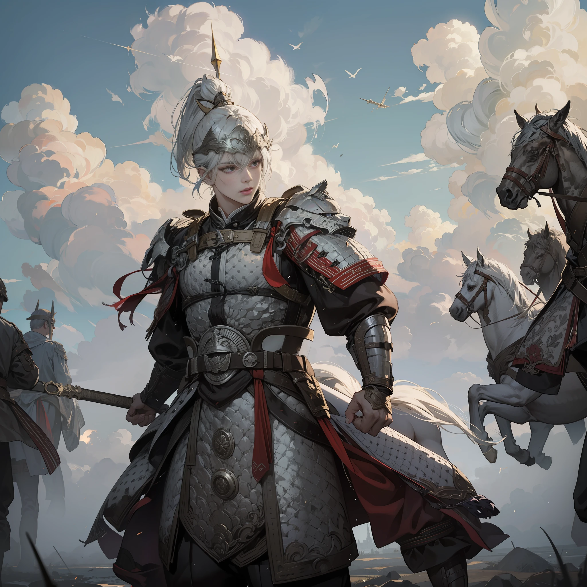 1 Girl, Gray Pupil, Textured Skin, Flowing Clouds, Epic Weapon Spear, and Scene, Floating Hair, Metal Headdress, Surrounding Enemies, Fight Action, Riding a White Horse, Rage, Upper Body, Looking at the Audience, Best Quality, 32k