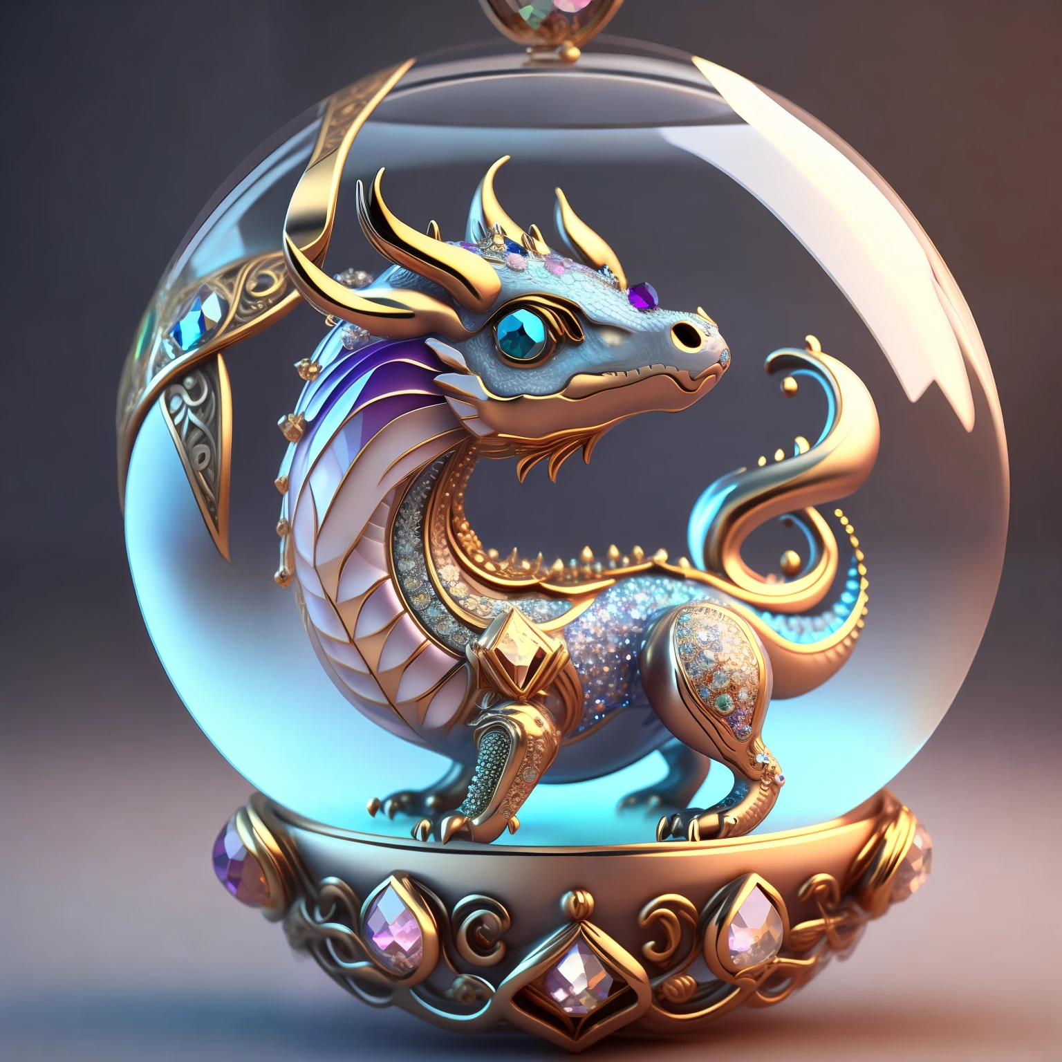 A cute crystal ball zodiac dragon embellished with various jewelry ornaments and a low-poly design for the eyes, is a highly detailed and complex conceptual art craft using Artstation 8k quality.