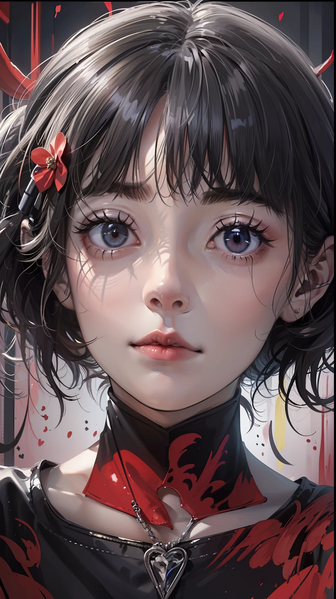 (Masterpiece Painting:1.3) of (Sketch:1.3),(Sad:1.3) 1clown, boy, Gorgeous clown suit,blood bleeding from the heart position,looking at viewer,ballons everywhere, red and white as the color theme,dark background,some smiley emojis hidden in the dark