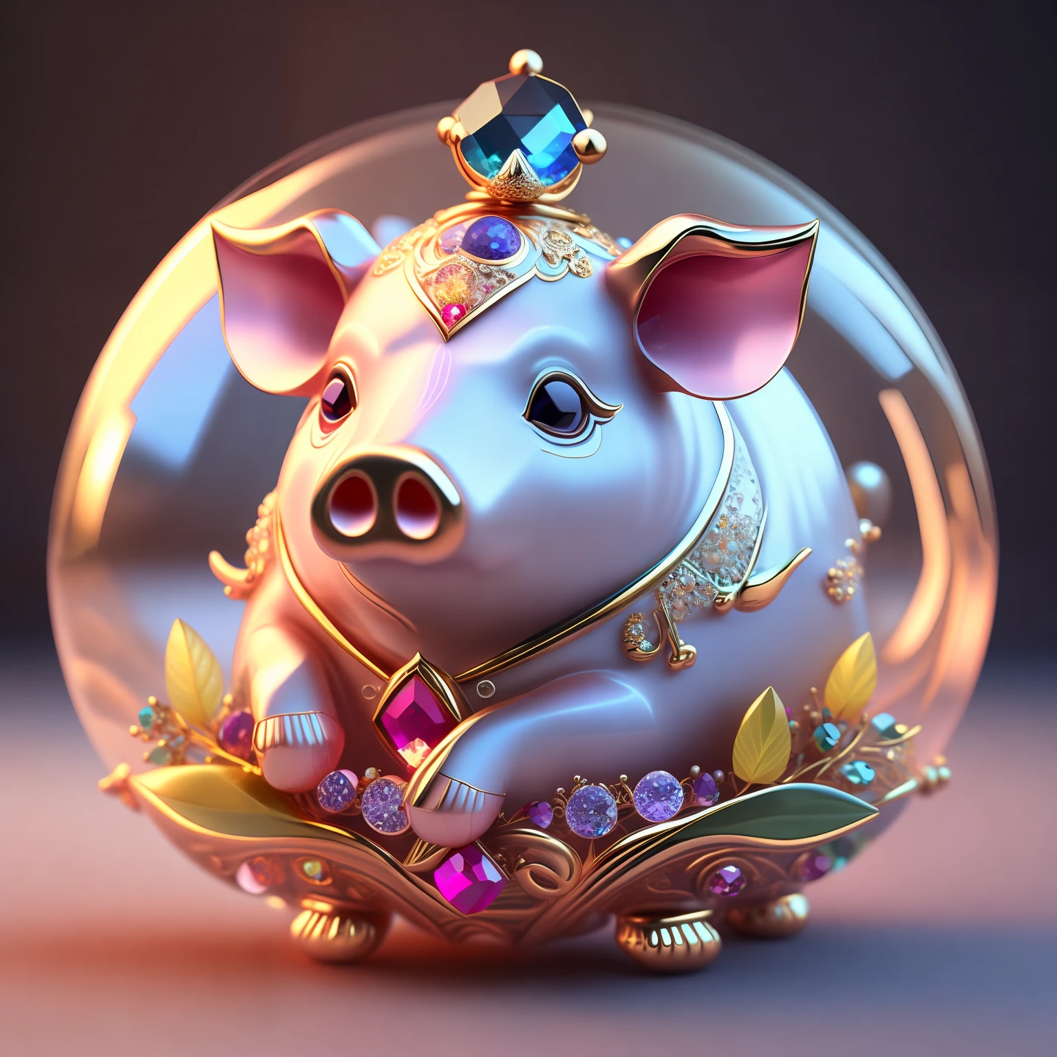 A cute crystal ball zodiac pig embellished with various jewelry ornaments and low-poly eyes is a highly detailed and complex conceptual art craft using Artstation 8k quality.