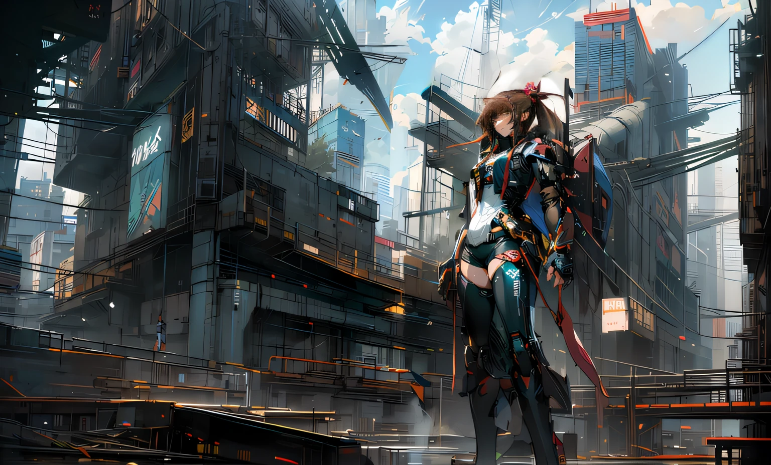 anime - style artwork of a woman with high ponytail and brown hair in a futuristic city, cyberpunk anime girl mech, digital cyberpunk anime art, anime cyberpunk art, girl in mecha cyber armor, cyberpunk anime girl, digital cyberpunk - anime art, female cyberpunk anime girl, cyberpunk anime art, mechanized valkyrie girl, high quality digital concept art, mecha asthetic