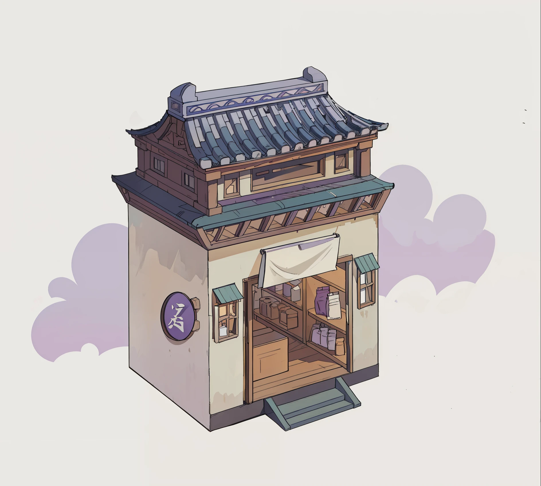 Illustration of a small building with doors and windows, concept art of Li Jae, gray purple roof, pixiv, Minyi, Chinese architecture, Ruina library concept art, medicine hall, high detail store, extremely detailed architecture, convenience store, store, smooth lines, white background