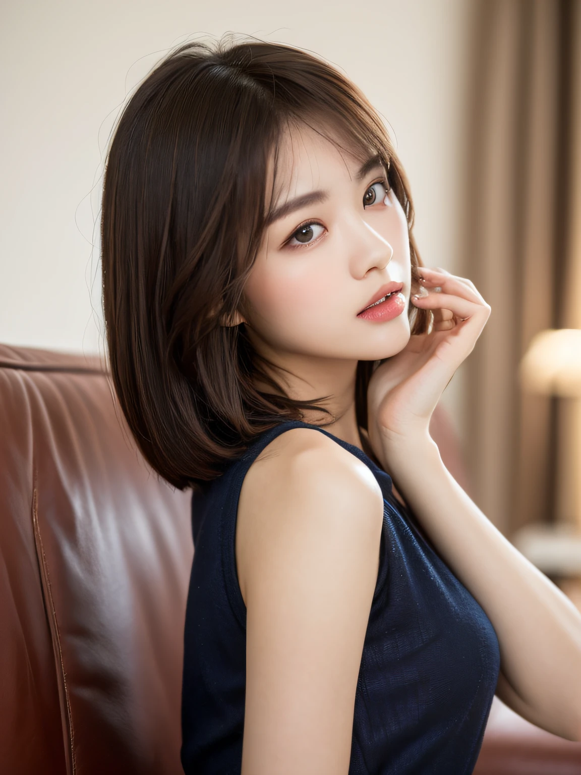 ((Best Quality, 8K, Masterpiece: 1.3)), 1 girl, slim face, beautiful woman, (short dark brown hair), casual wear, ultra-detailed face, detailed eyes, back, evening, sitting on sofa in living room with head down in sunglasses, dark light, blurred background, slim face,