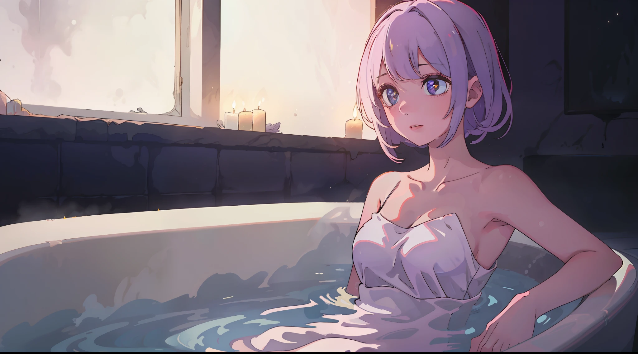 bath woman close hot night moonlit dark bathing hot spring white bath towel wrapped around body hands in front of you lamp candle
