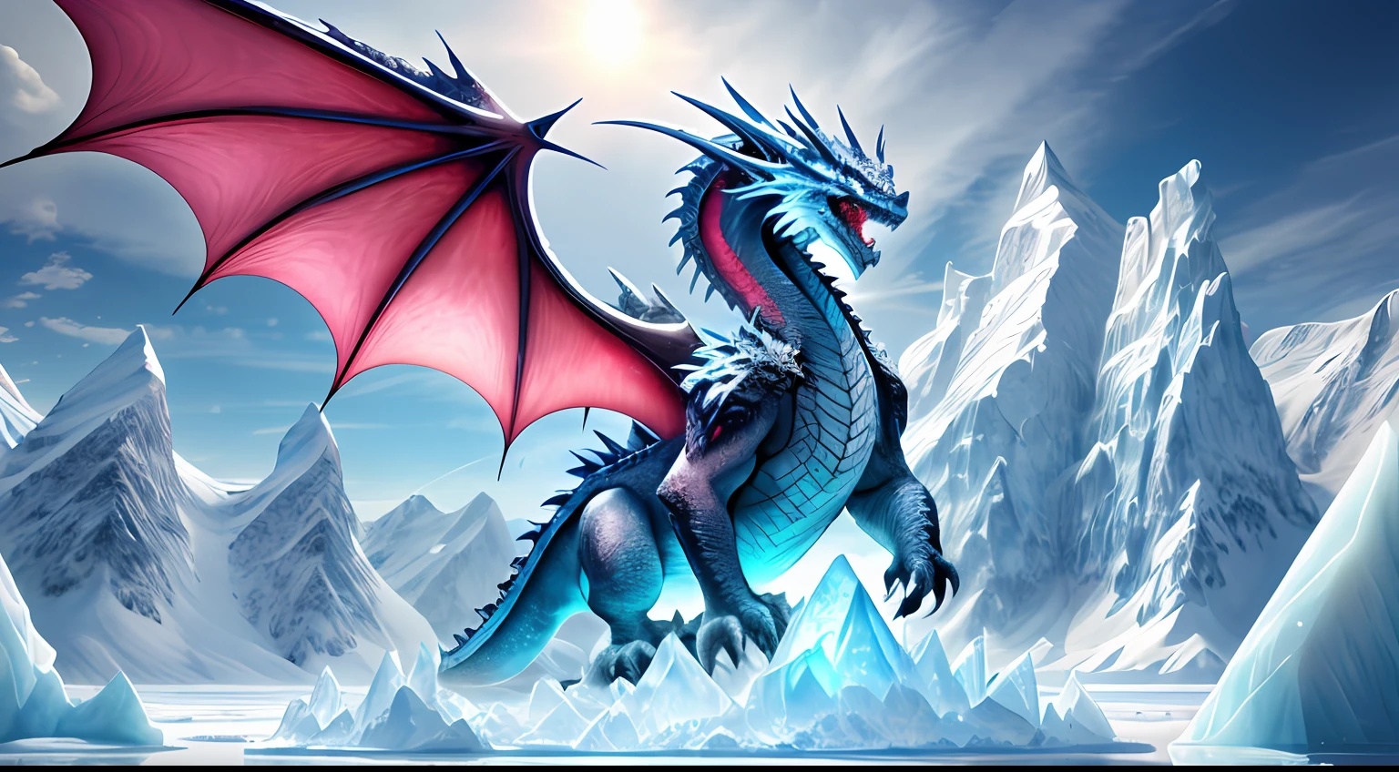 a huge mountain that is encased in a block of translucent frosty ice that has a giant dragon perched on top of the mountain inside of the ice，Iceberg, Frozen Dragon, Open Mouth, Spread Wings, Icicles, Ice Picks, Ice Cubes, Glaciers, Cold Winds, Snow, Detail, Realism, Oppression, Masterpiece, Ultra Clear